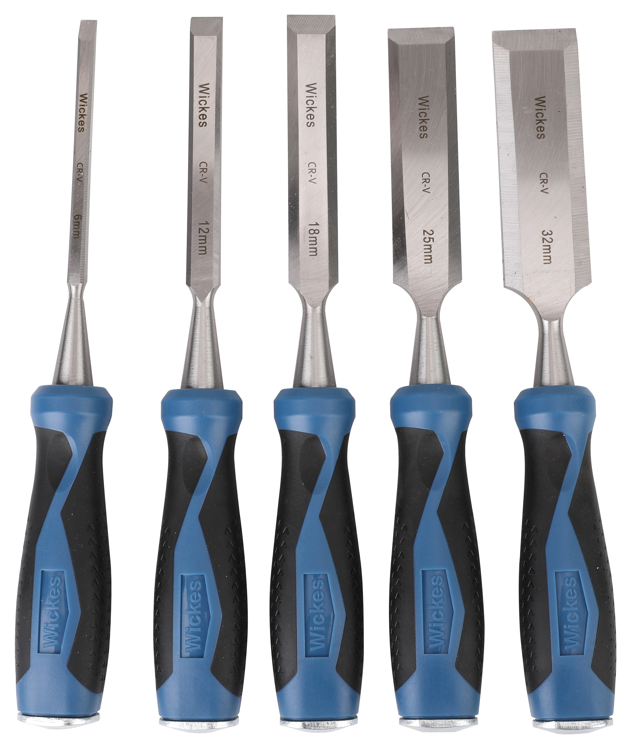 Wickes 5 Piece Powagrip Beveled Edge Wood Chisel Set - 6mm, 12mm, 18mm, 25mm, 32mm