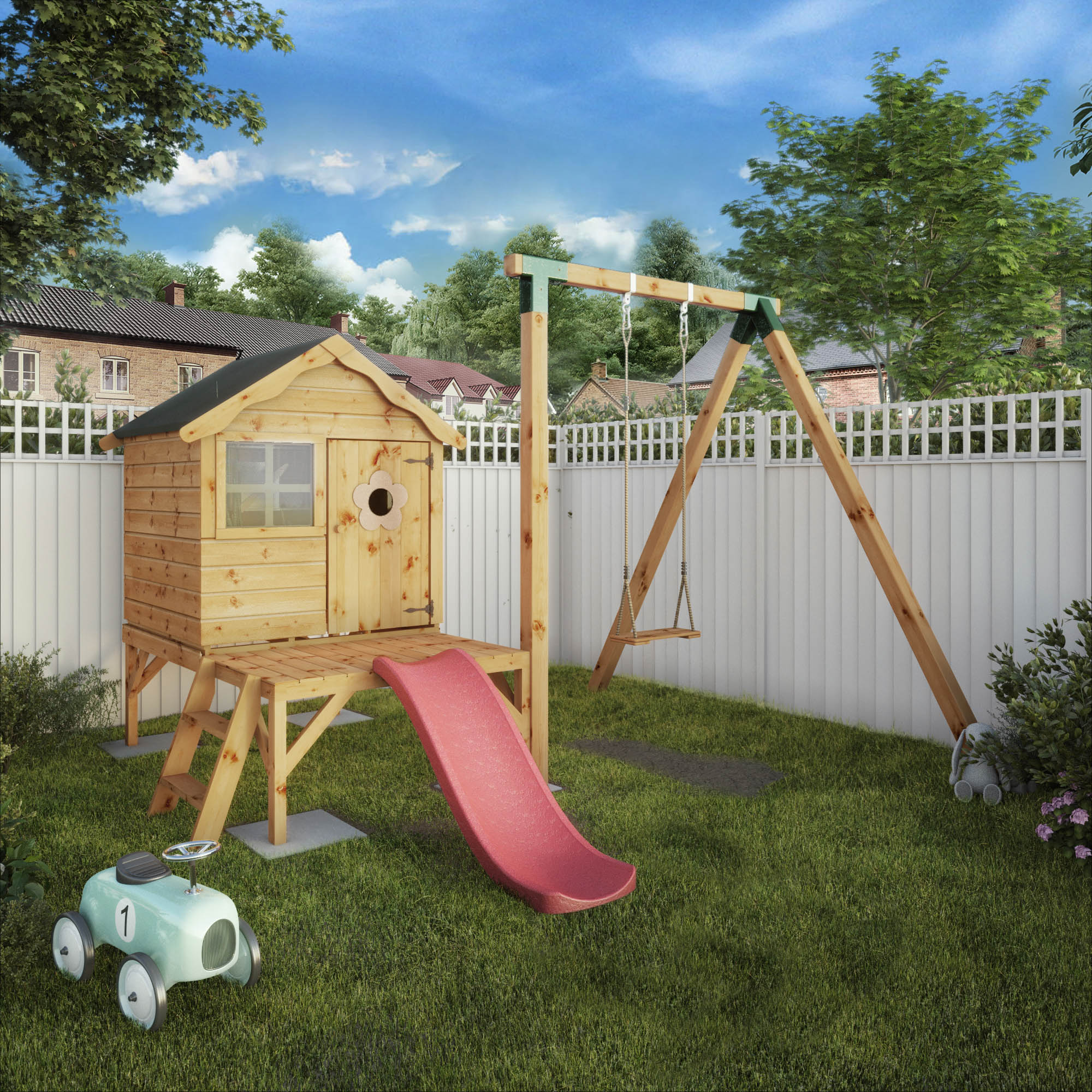 Image of Mercia 4 x 10ft Snug with Tower & Slide + Swing Timber Playhouse