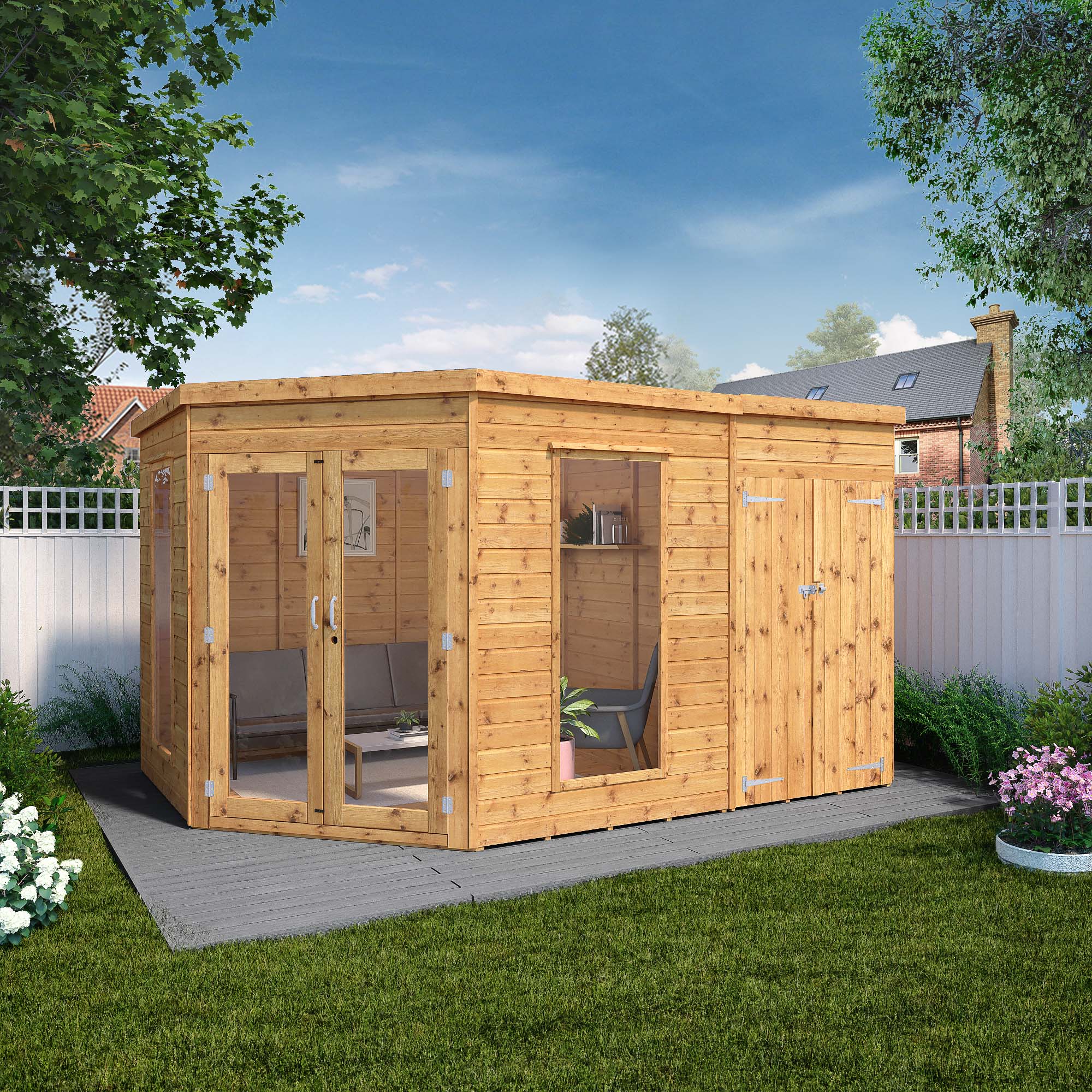 Image of Mercia 8 x 12ft Premium Corner Timber Summerhouse with Side Shed