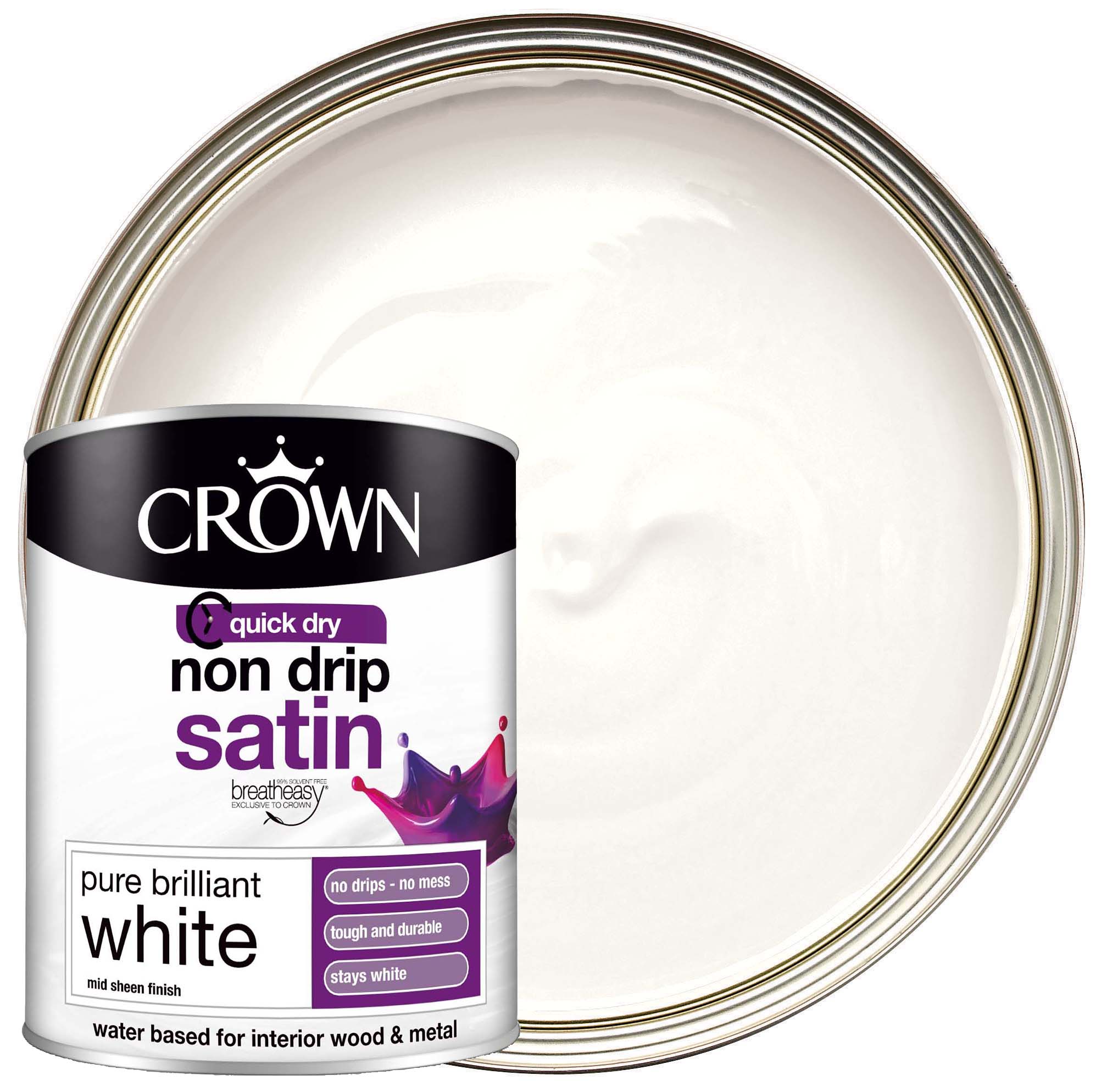 Image of Crown Retail Non Drip Satin Paint - Brilliant White - 750ml