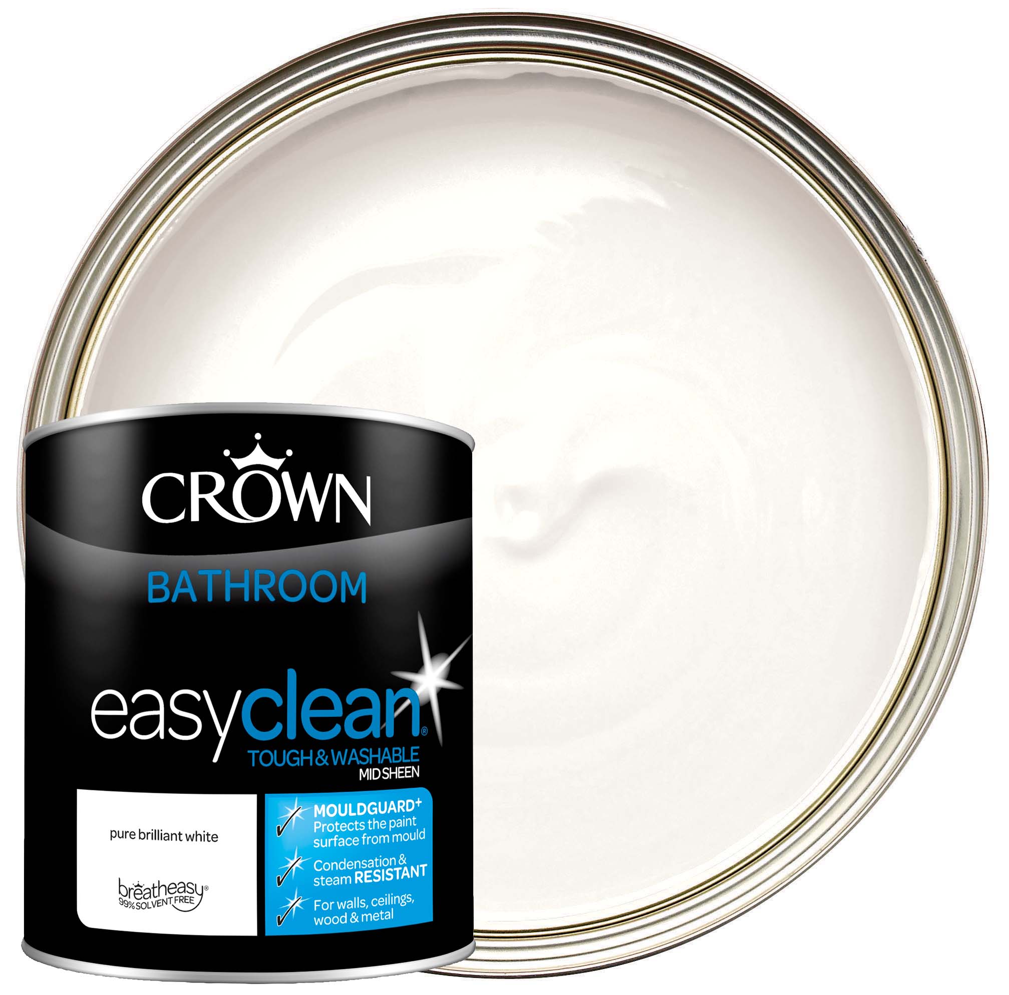 Image of Crown Easyclean Mid Sheen Emulsion Bathroom Paint - Brilliant White - 1L
