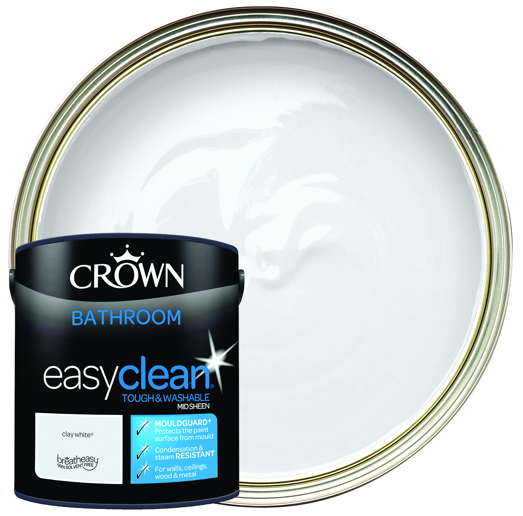 Crown Easyclean Mid Sheen Emulsion Bathroom Paint - Clay White - 2.5L