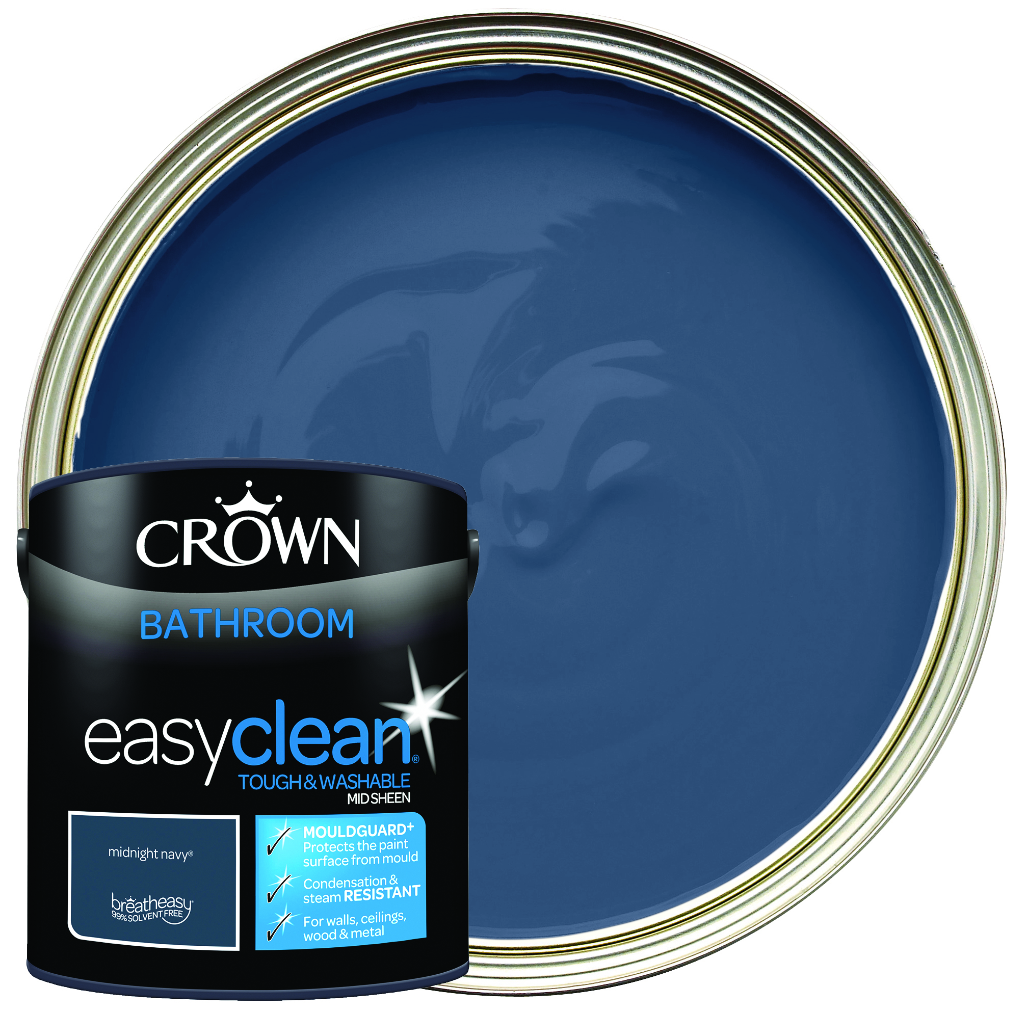 Image of Crown Easyclean Mid Sheen Emulsion Bathroom Paint - Midnight Navy - 2.5L