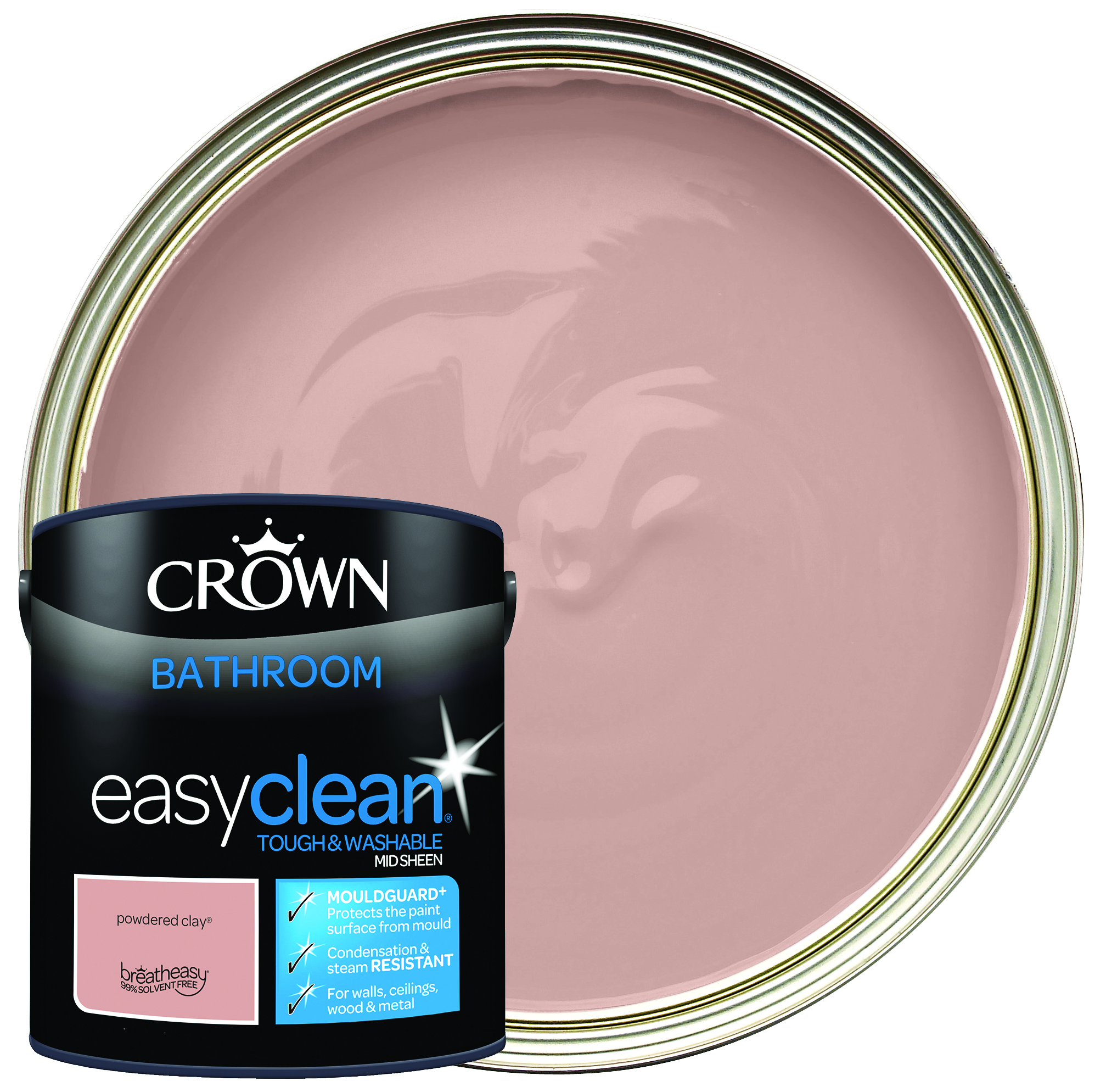 Crown Easyclean Mid Sheen Emulsion Bathroom Paint - Powdered Clay - 2.5L