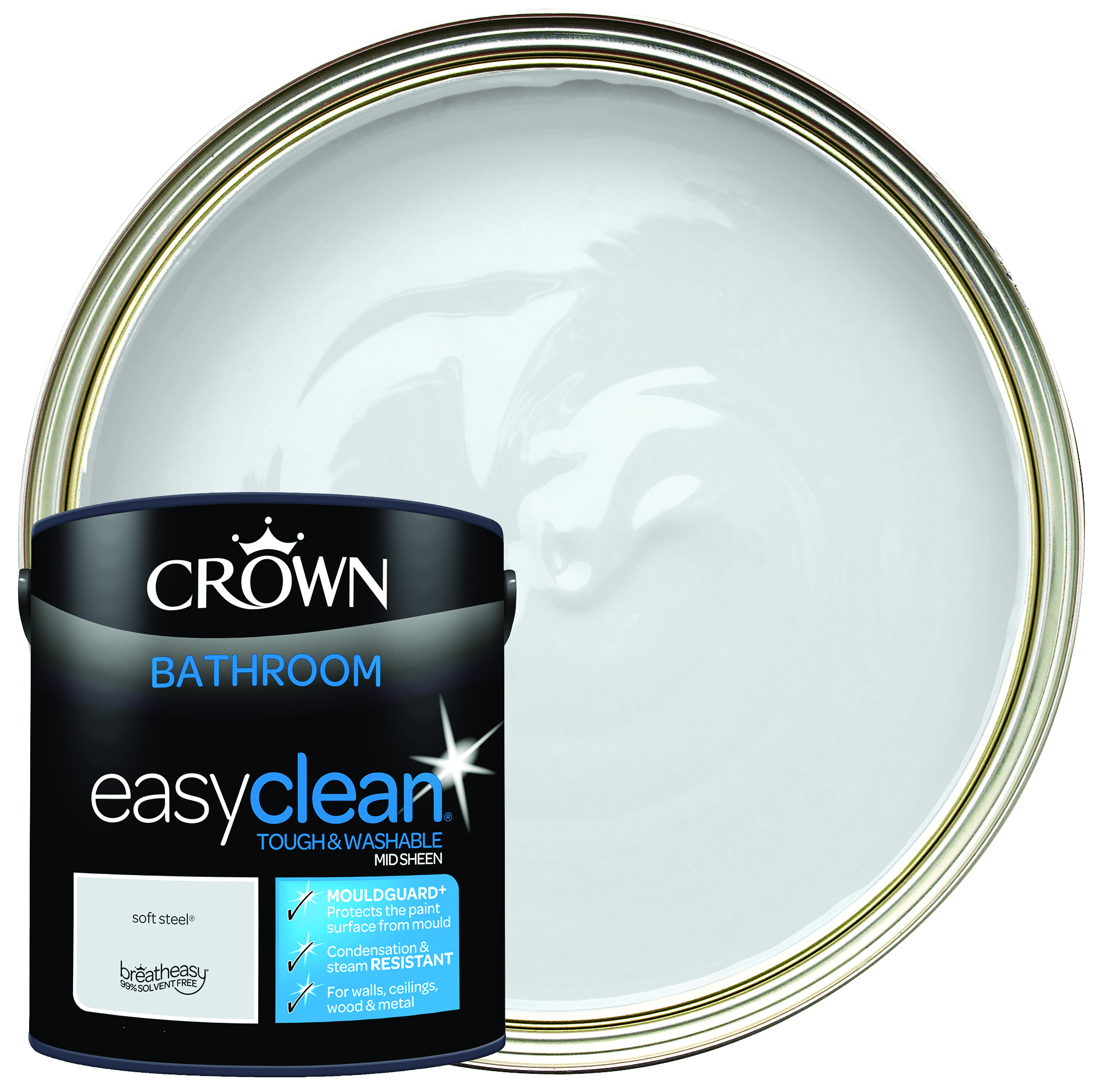 Crown Easyclean Mid Sheen Emulsion Bathroom Paint - Soft Steel - 2.5L