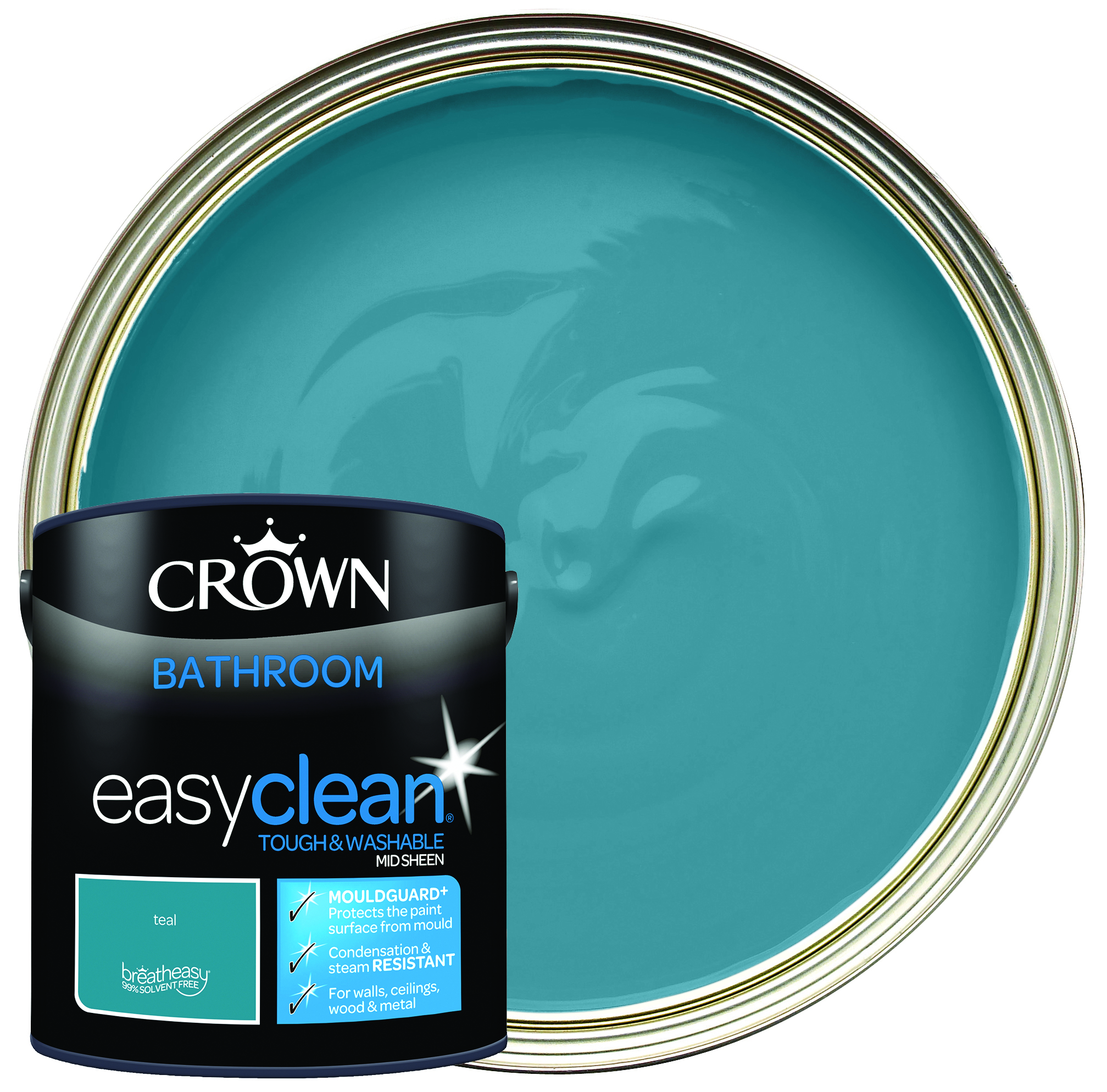 Image of Crown Easyclean Mid Sheen Emulsion Bathroom Paint - Teal - 2.5L