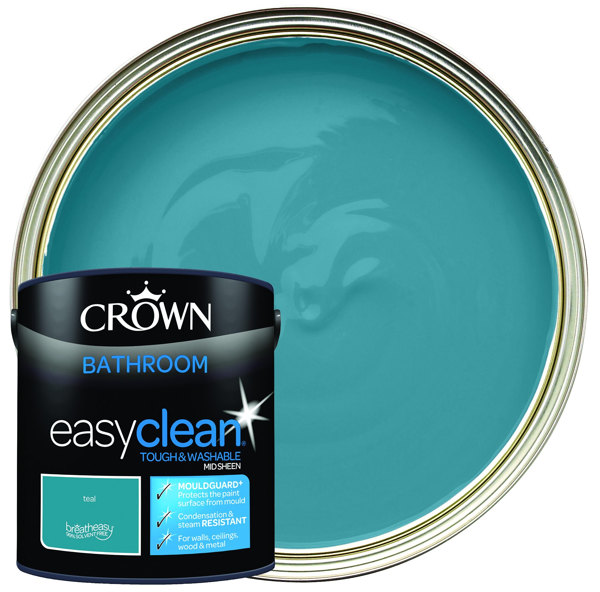 Crown Easyclean Mid Sheen Emulsion Bathroom Paint - Teal - 2.5L