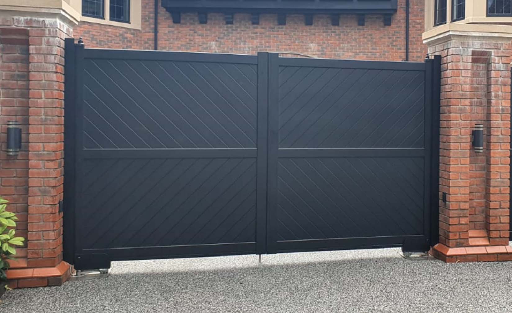 Image of Readymade Black Aluminium Diagonal Double Swing Gate - 3500 x 1600mm