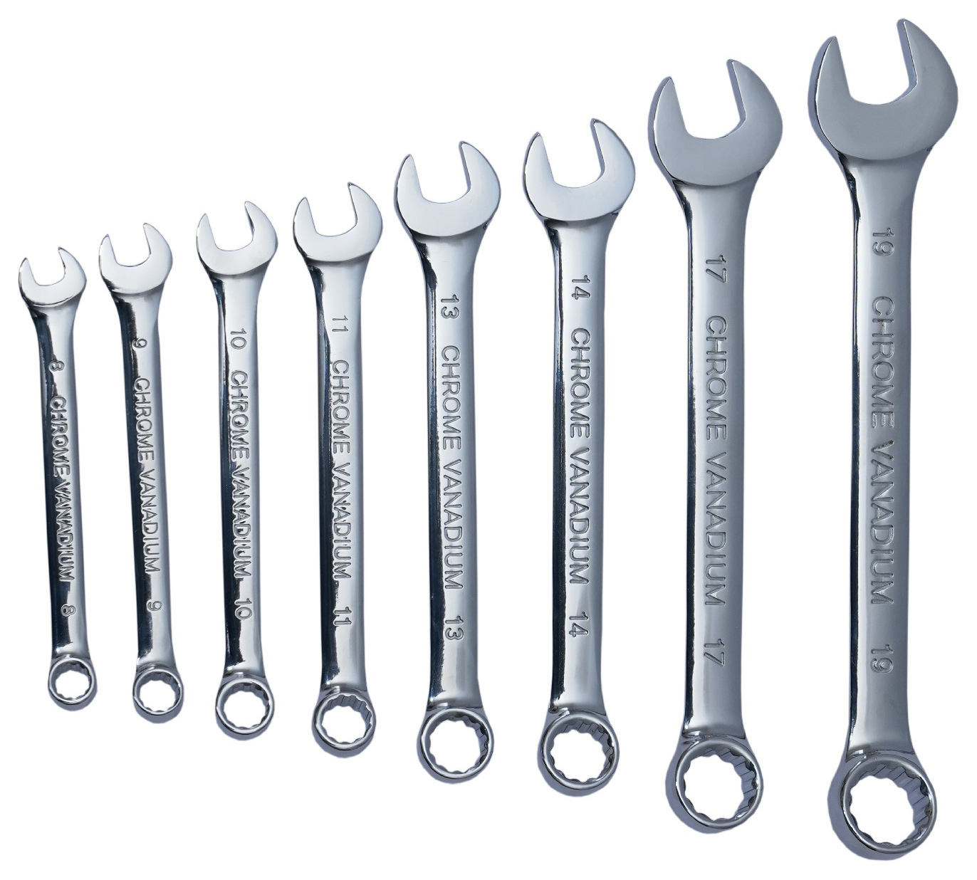 Image of Wickes CRV 8 Piece Chrome Combination Spanner Set