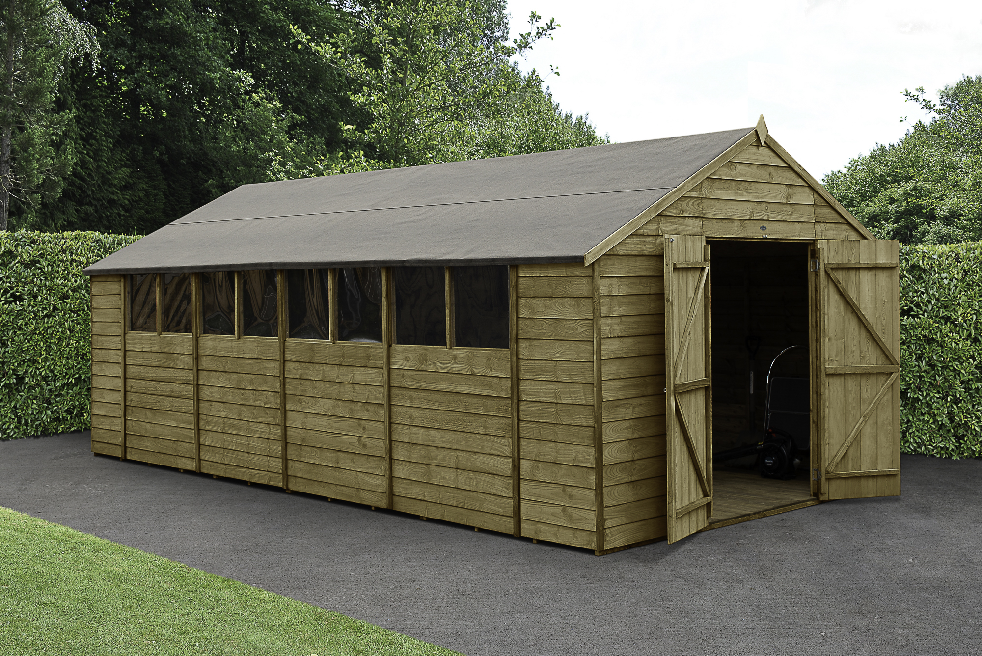 Forest Garden 10 x 20ft Apex Overlap Pressure Treated Double Door Shed with Assembly