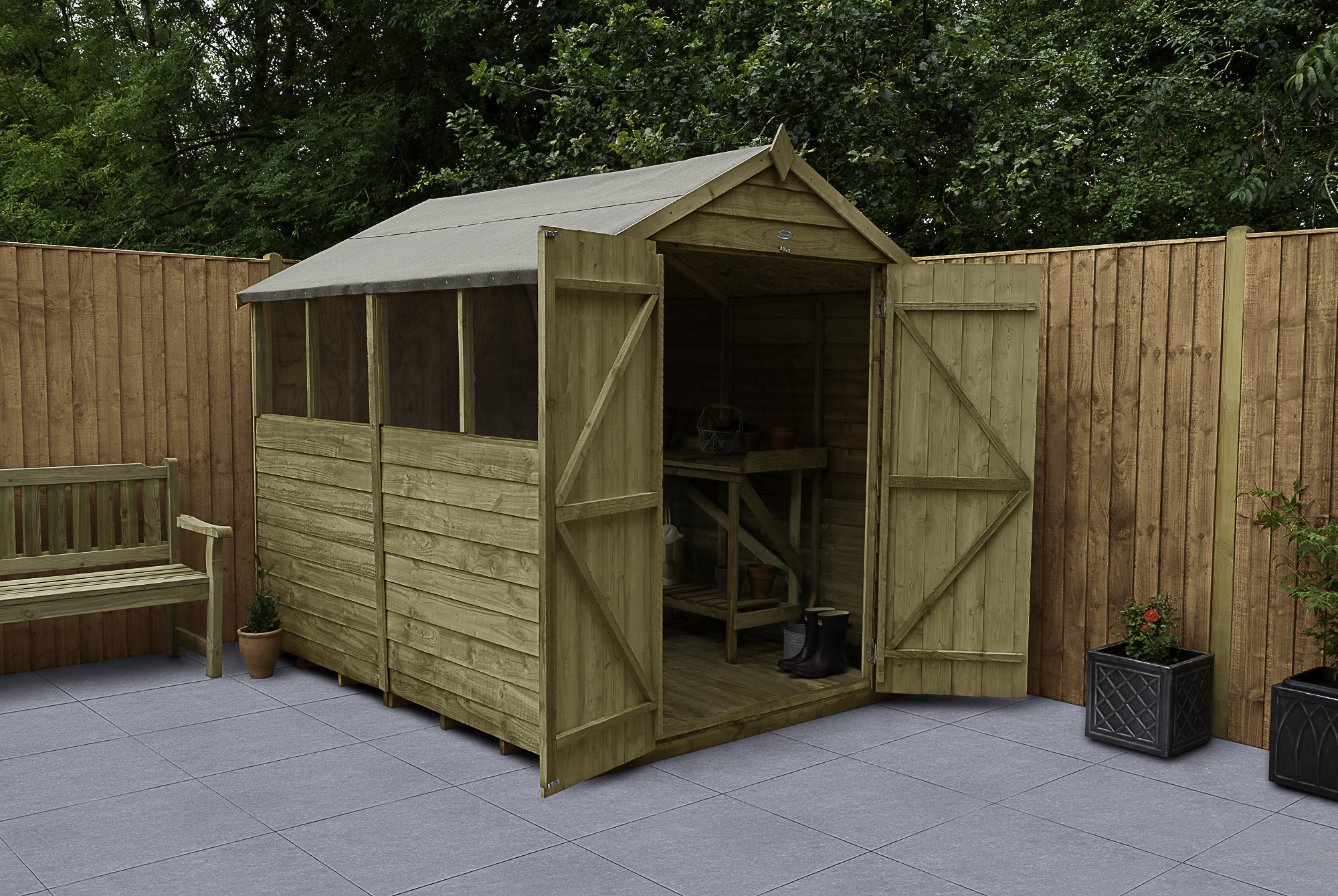Image of Forest Garden 8 x 6ft Apex Overlap Pressure Treated Double Door Shed with Assembly