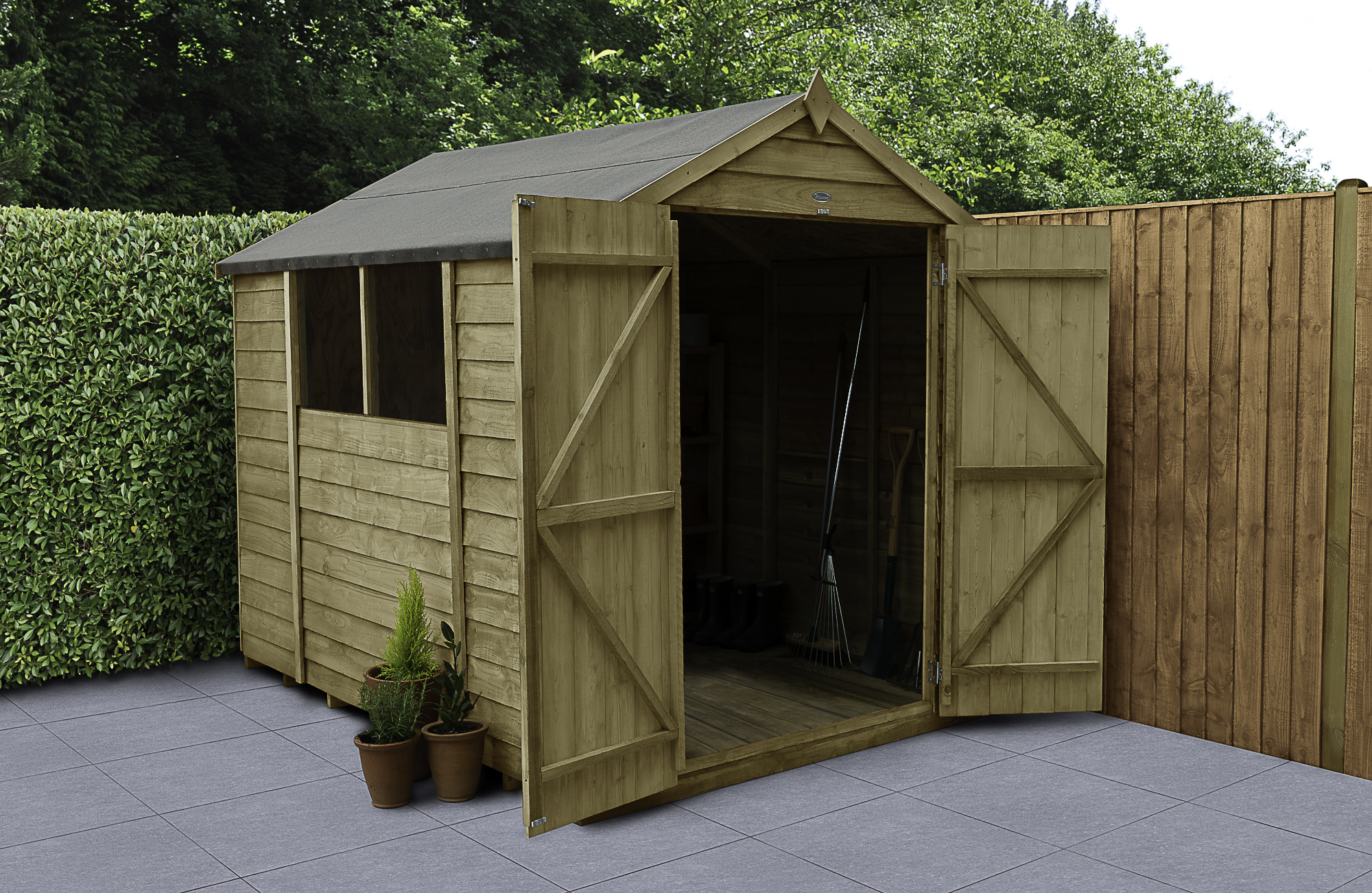 Forest Garden 8 x 6ft Apex Overlap Pressure Treated Double Door Shed with Assembly