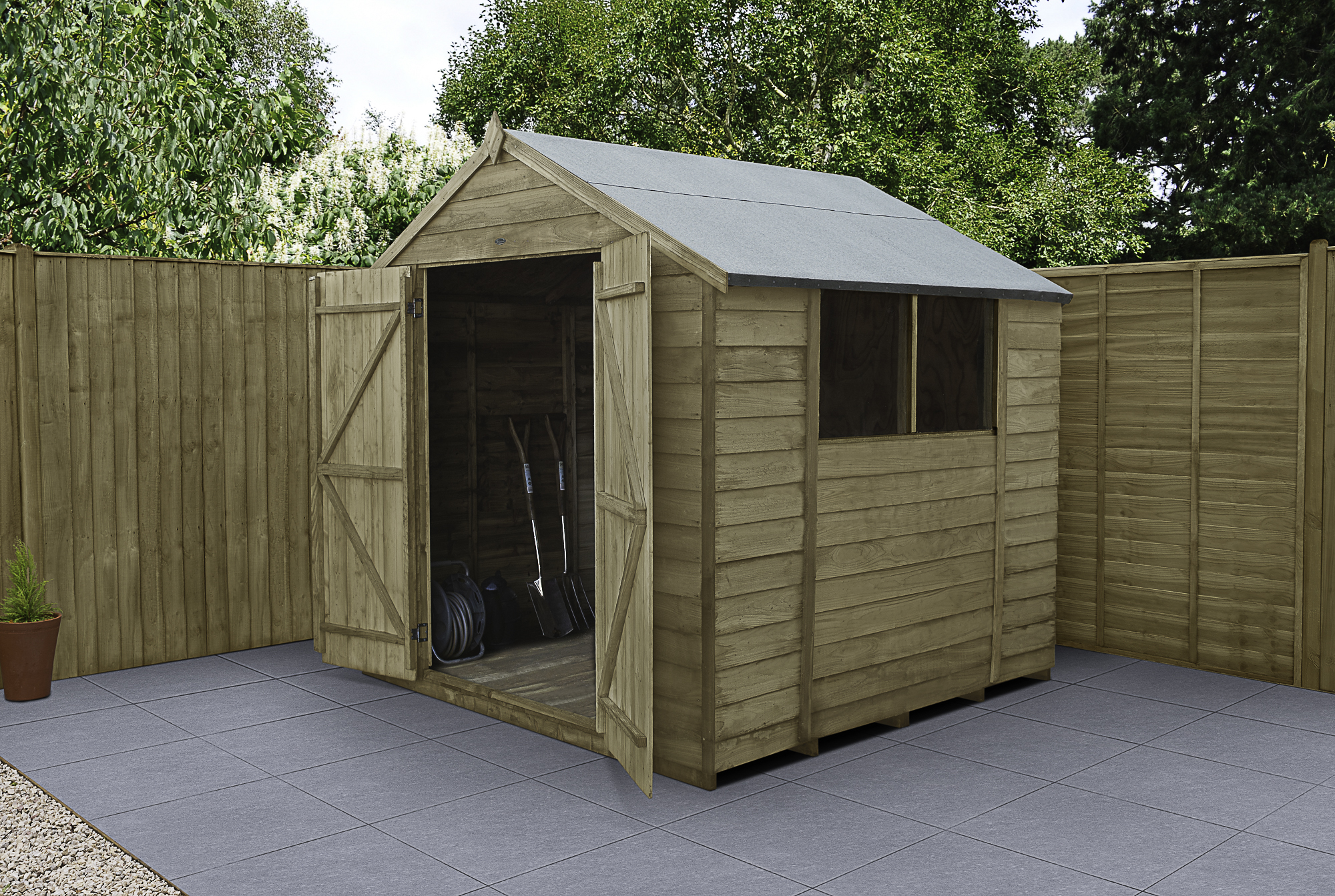 Forest Garden 7 x 7ft Apex Overlap Pressure Treated Double Door Shed with Assembly