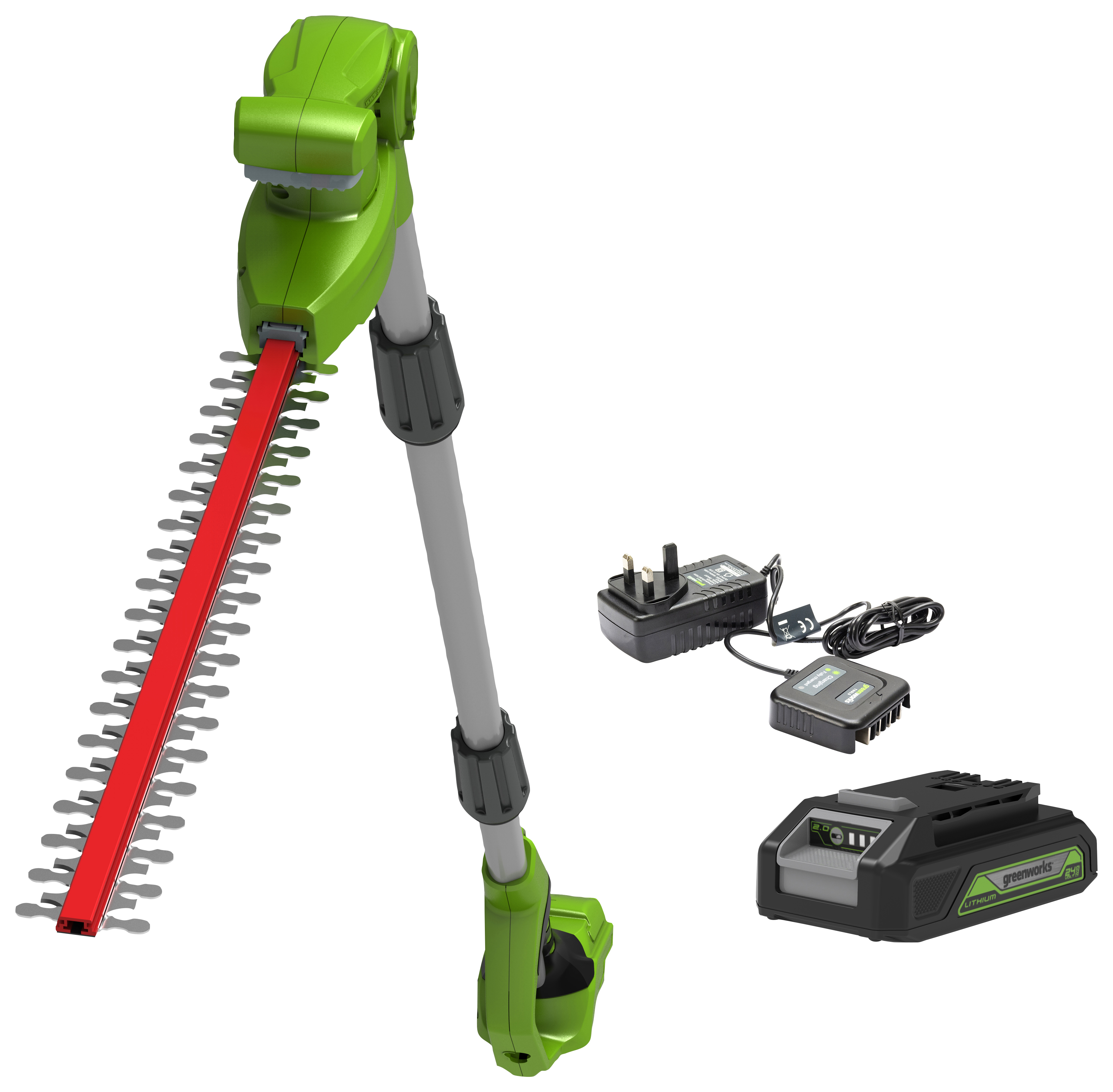 Image of Greenworks Long Reach Hedgecutter with 24V 2Ah Li-ion Battery & Charger - 51cm
