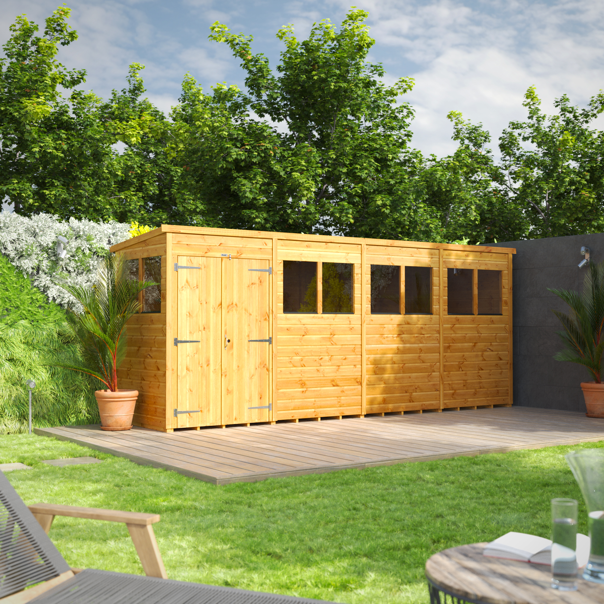 Power Sheds 16 x 4ft Double Door Pent Shiplap Dip Treated Shed