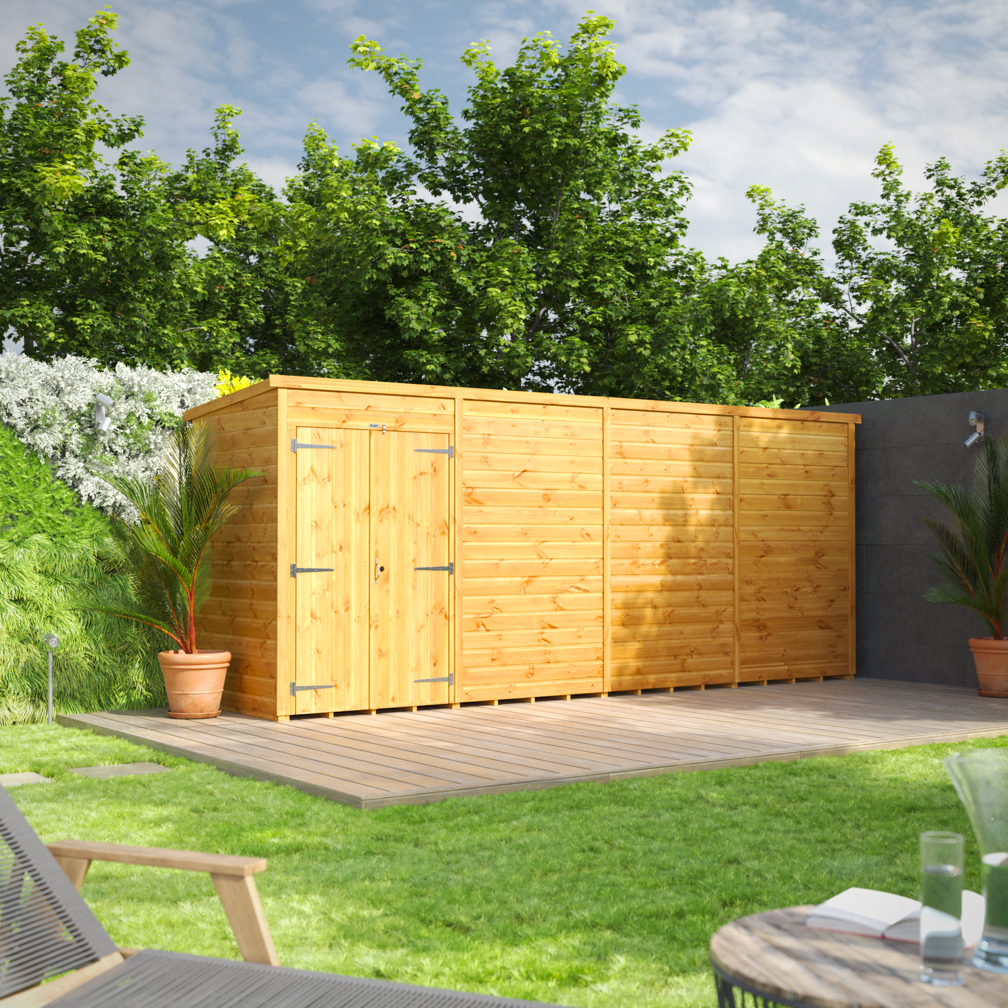 Power Sheds 16 x 4ft Double Door Pent Shiplap Dip Treated Windowless Shed