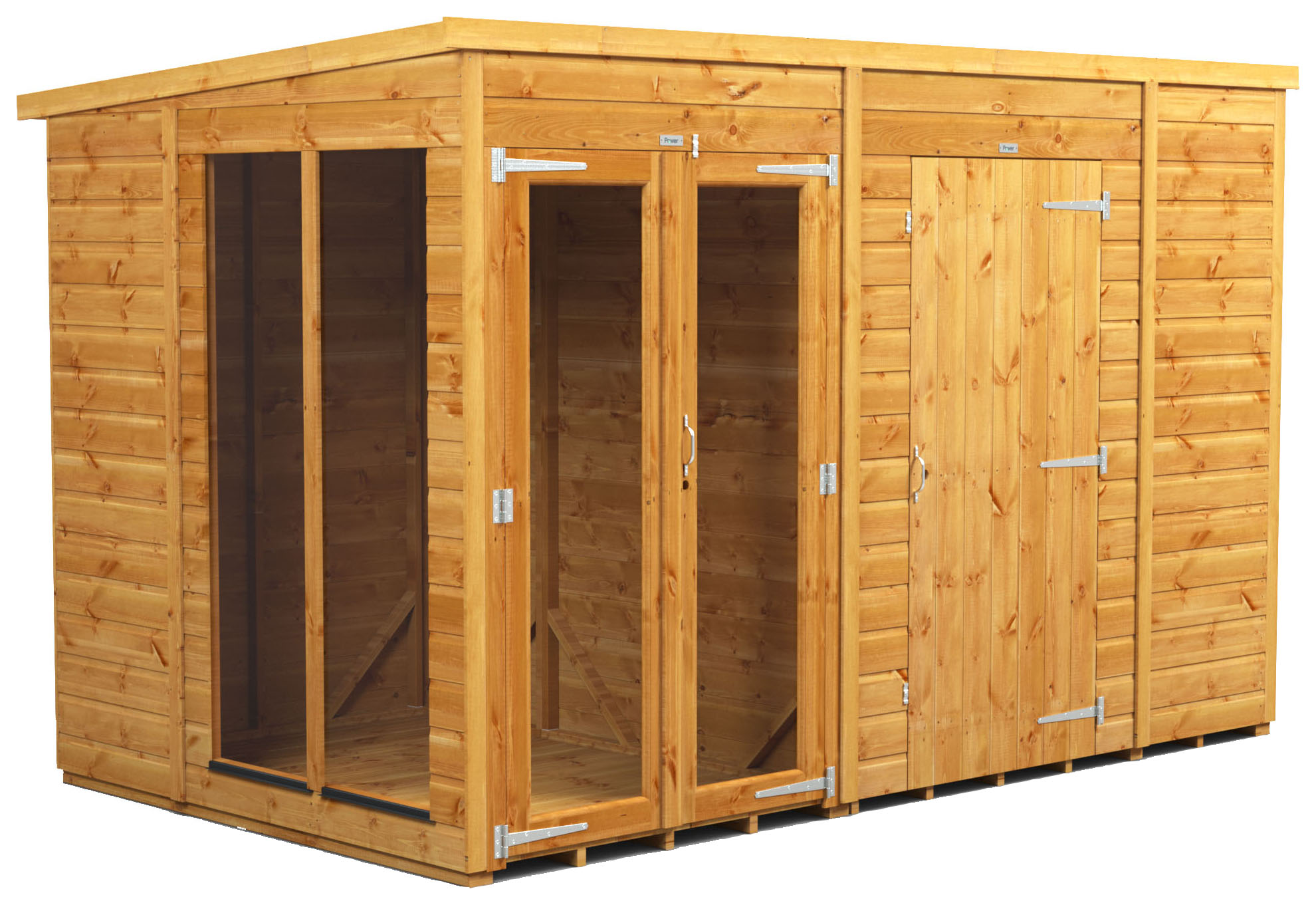Image of Power Sheds 10 x 6ft Pent Shiplap Dip Treated Summerhouse - Including 6ft Side Store
