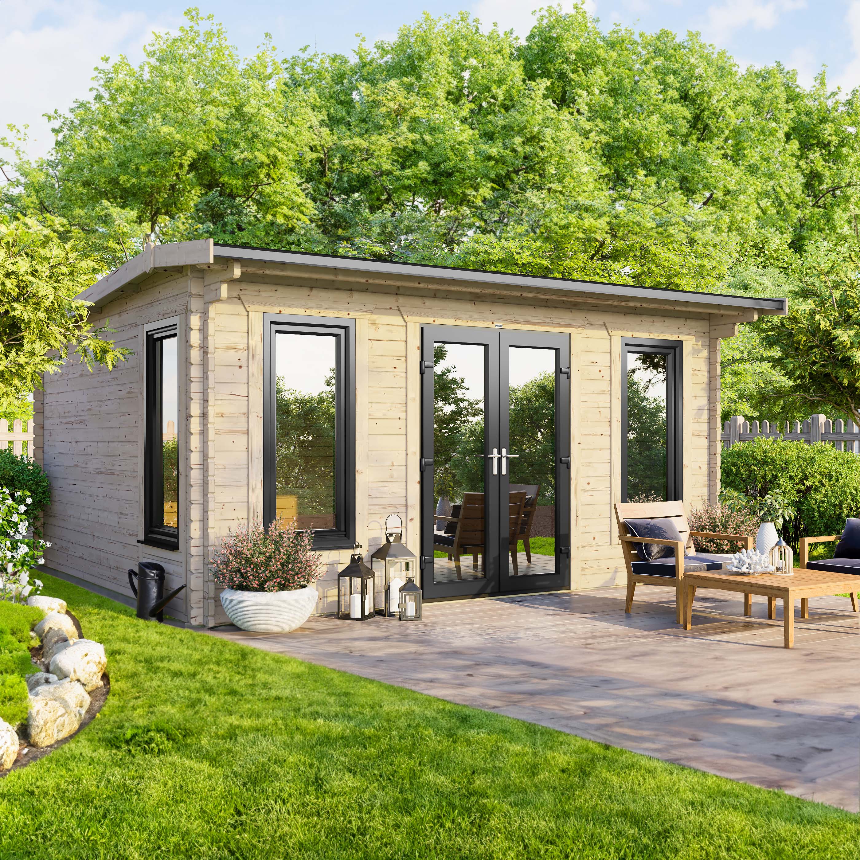 Power Sheds 16 x 12ft Central Doors Apex Notched Logs Log Cabin