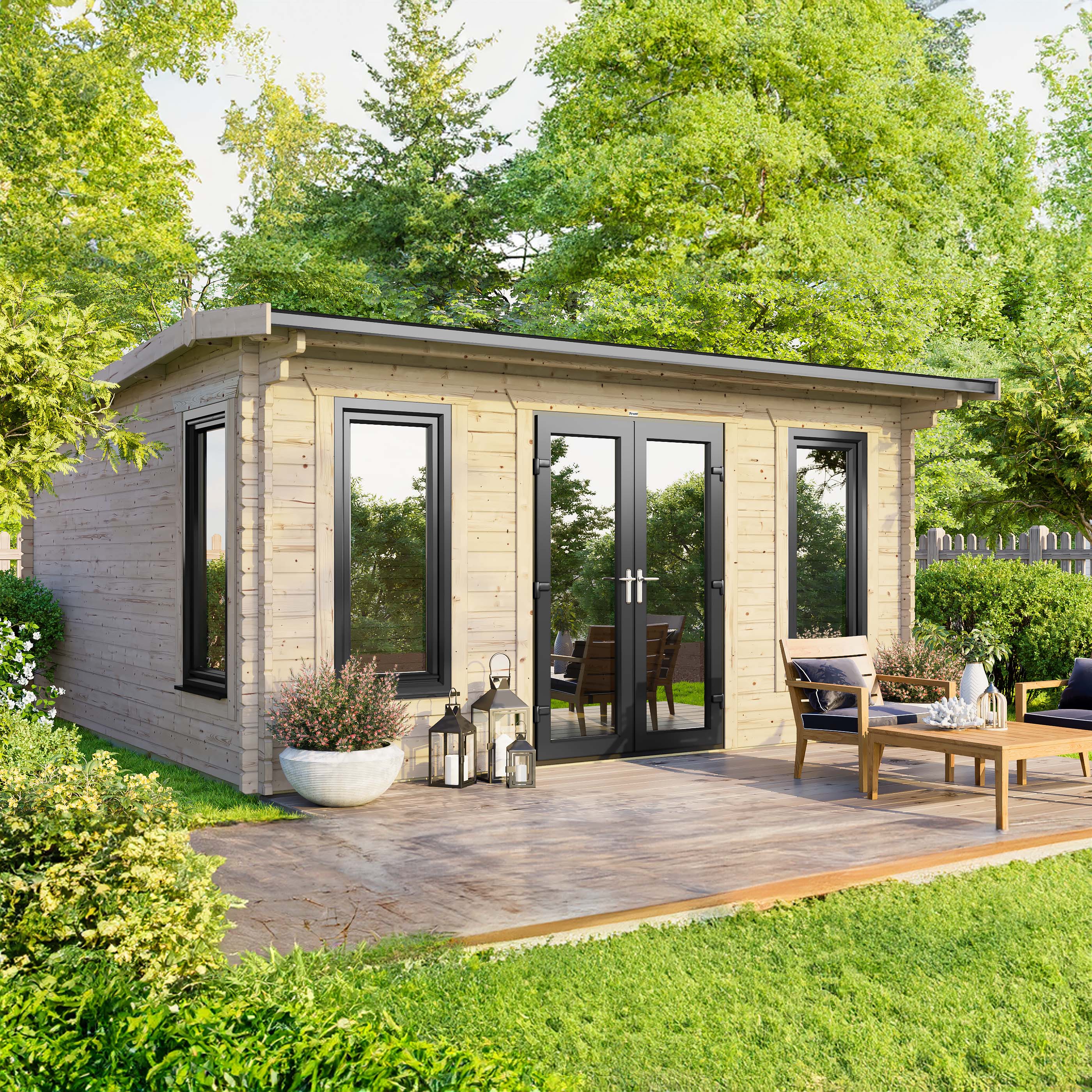 Power Sheds 16 x 14ft Central Doors Apex Notched Logs Log Cabin