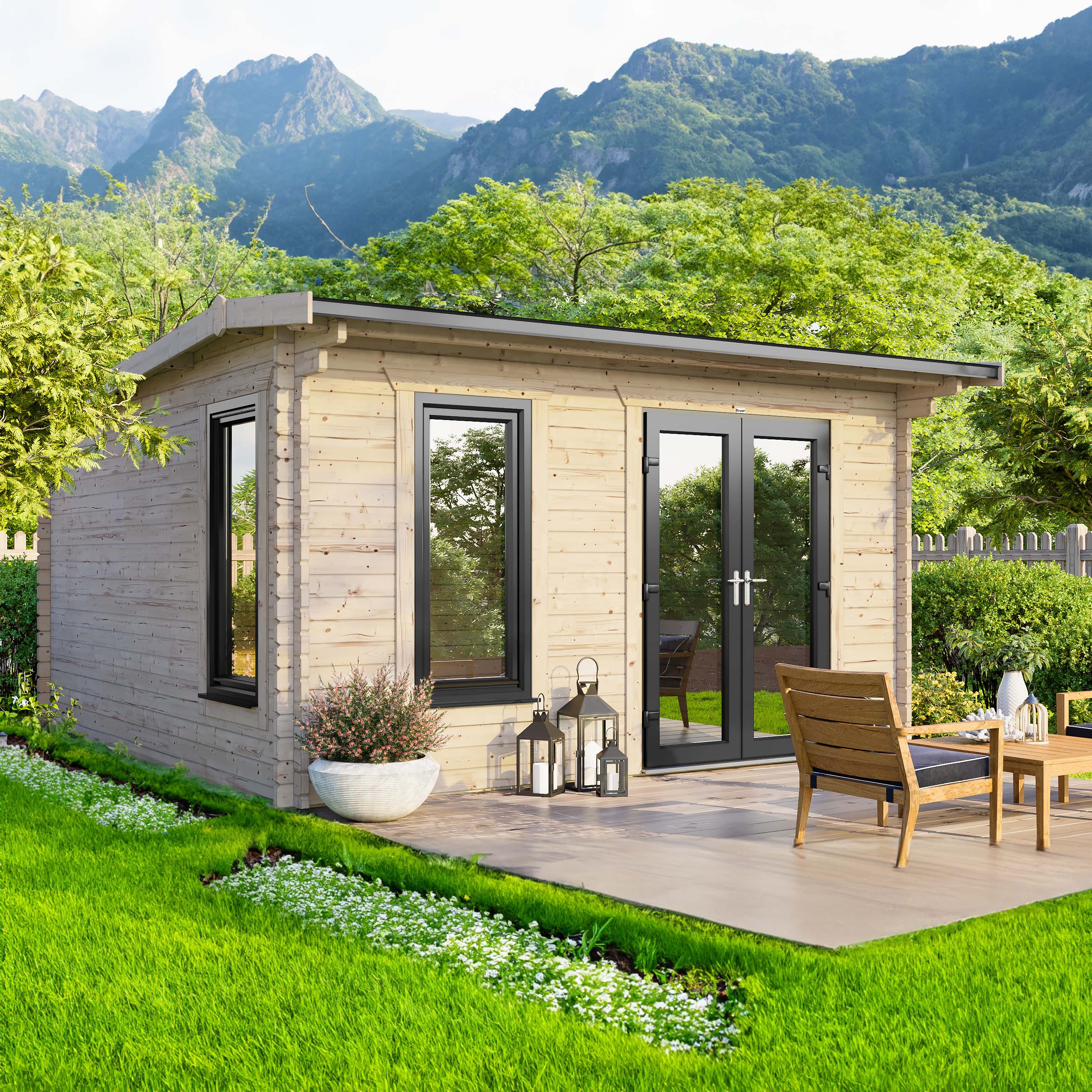 Power Sheds 14 x 12ft Right Hand Door Apex Notched Logs Log Cabin