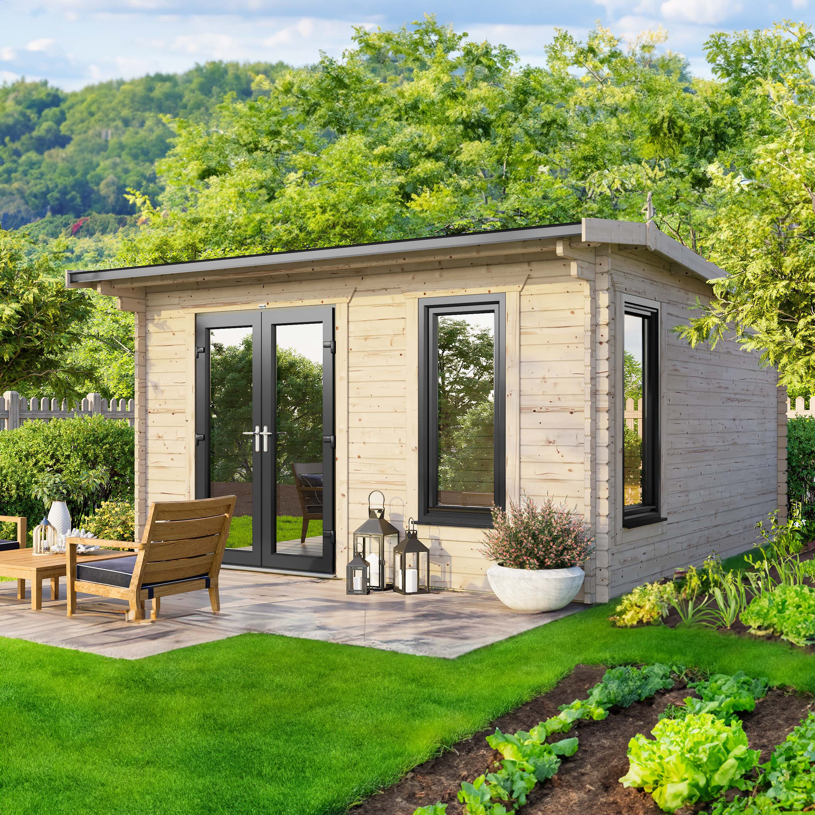 Power Sheds 14 x 12ft Left Hand Door Apex Notched Logs Log Cabin