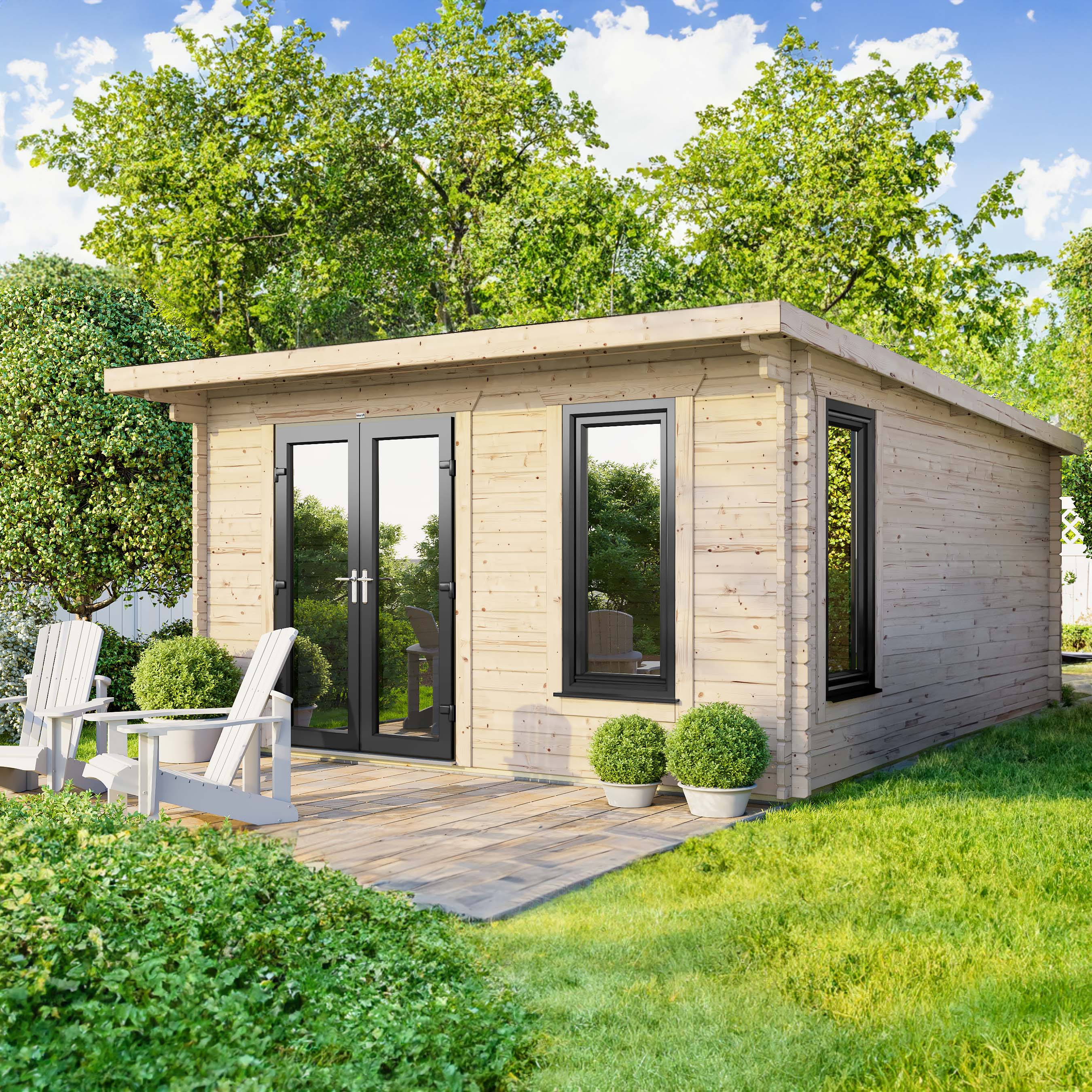 Power Sheds 14 x 14ft Left Hand Door Pent Notched Logs Log Cabin