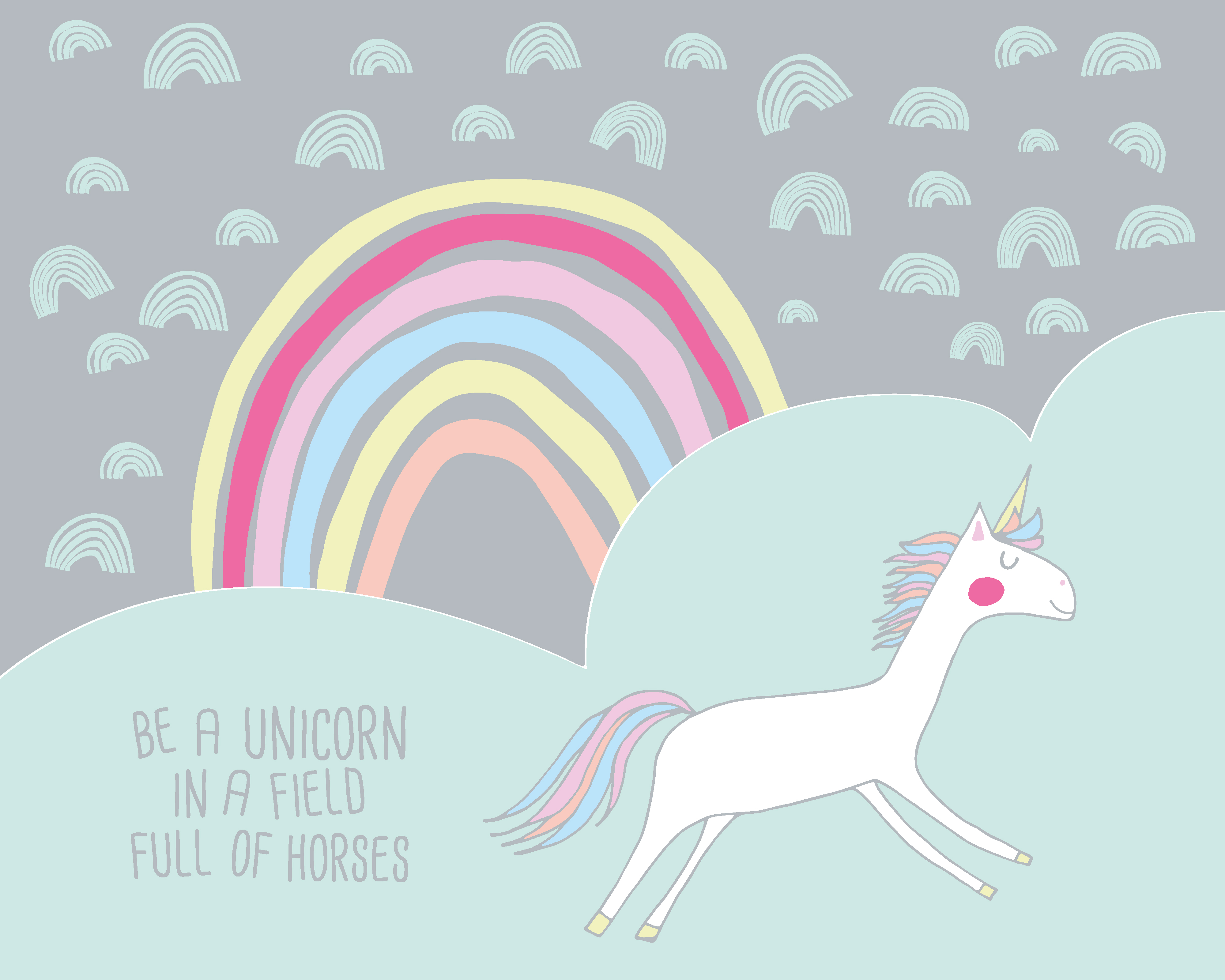 Image of Origin Murals Rainbow Unicorn Mint & Grey Wall Mural - 3 x 2.4m