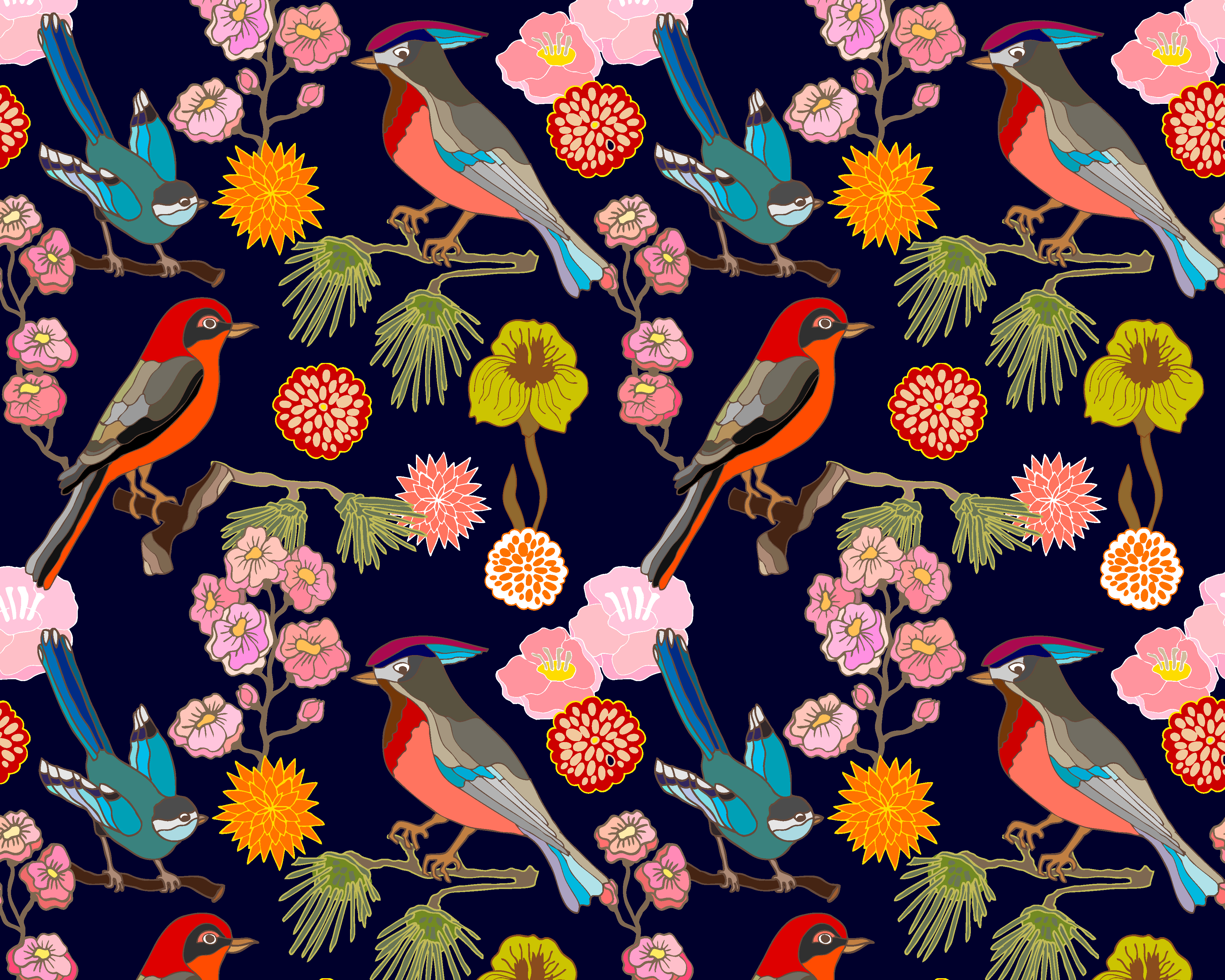 Image of Origin Murals Floral Birds Ink Wall Mural - 3.5 x 2.8m