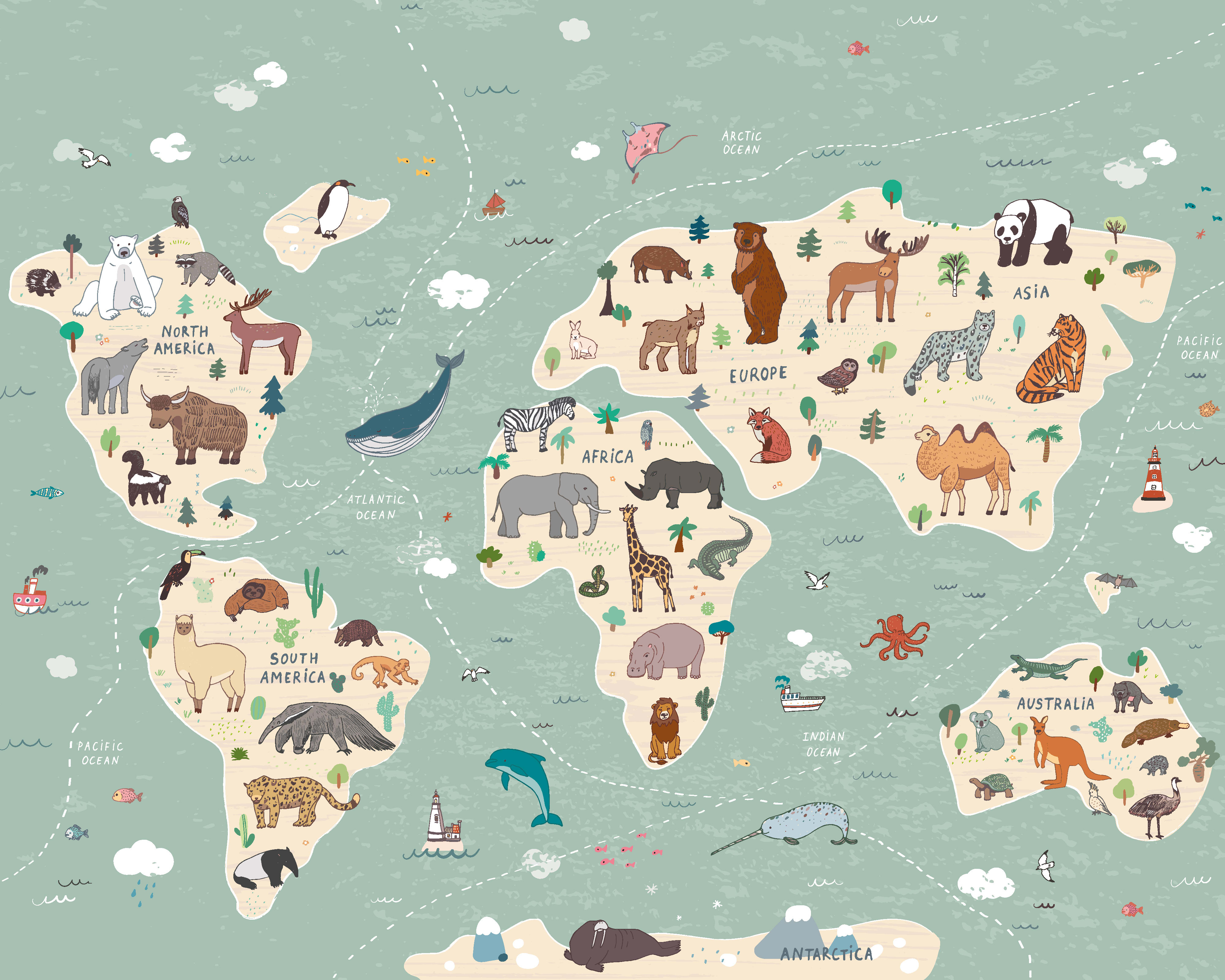 Origin Murals Children's World Map Multi Wall Mural