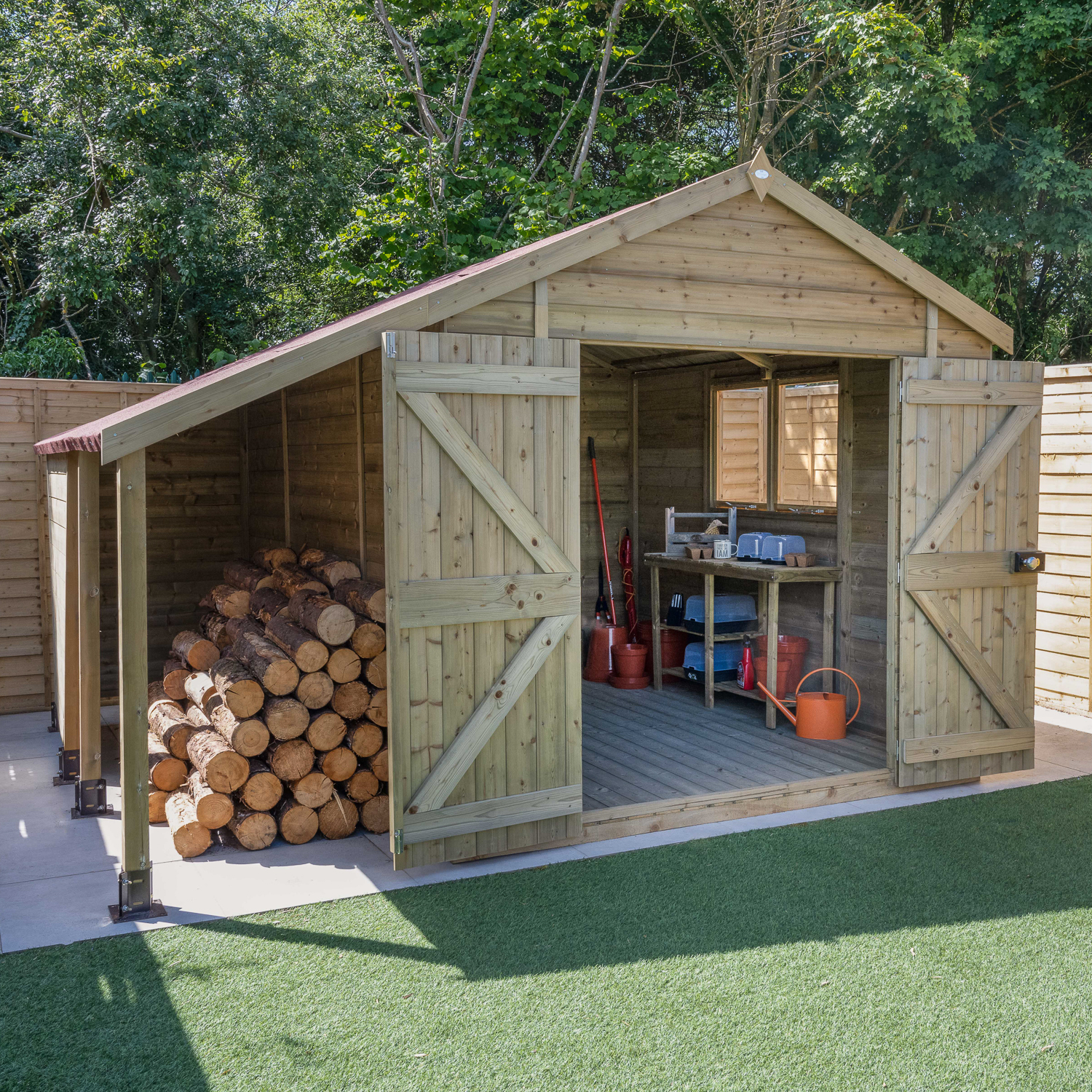 Forest Garden Timberdale 10 x 8ft Double Door Apex Shed and Log Store