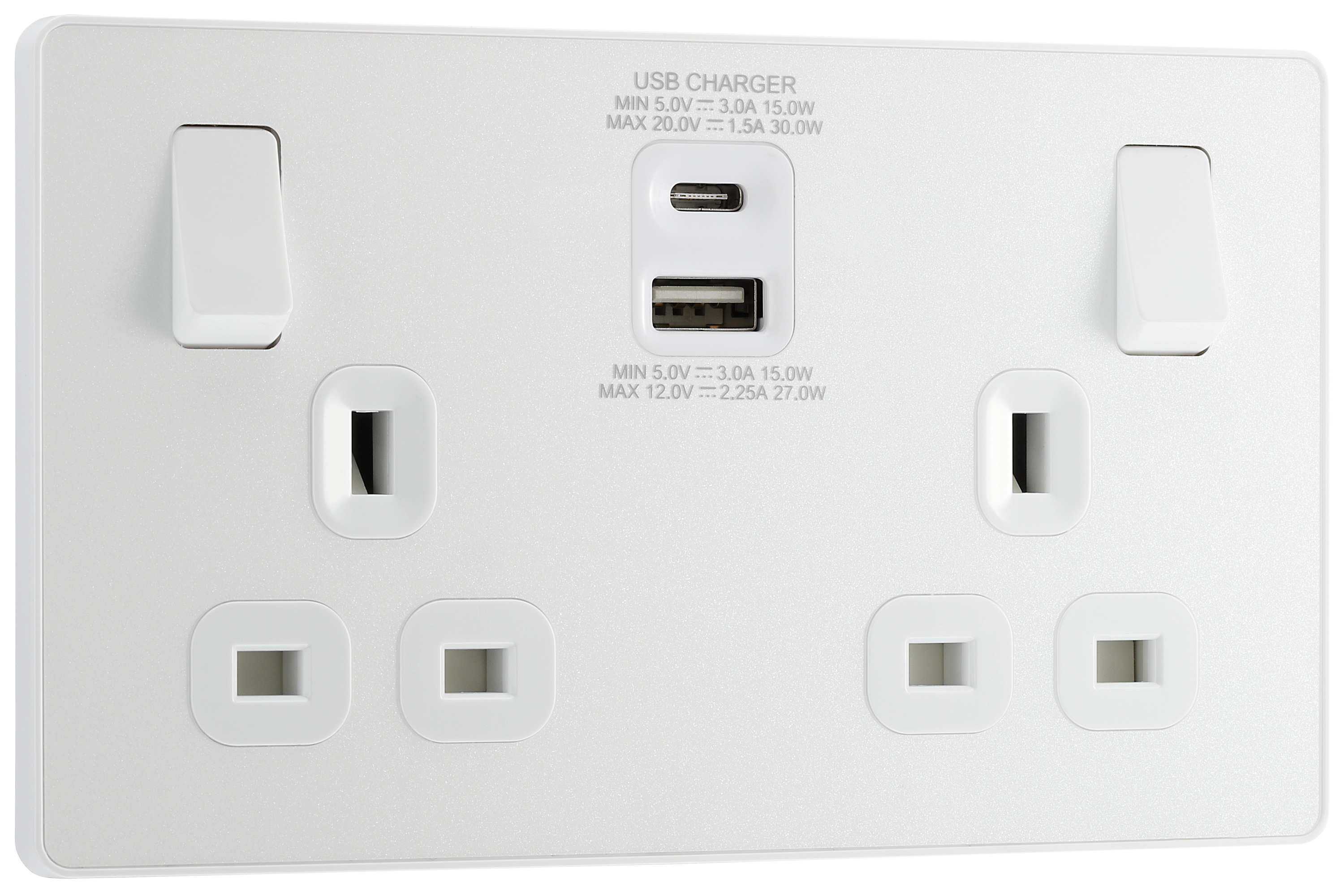 BG Evolve Pearlescent White 13A Double Socket & USB C