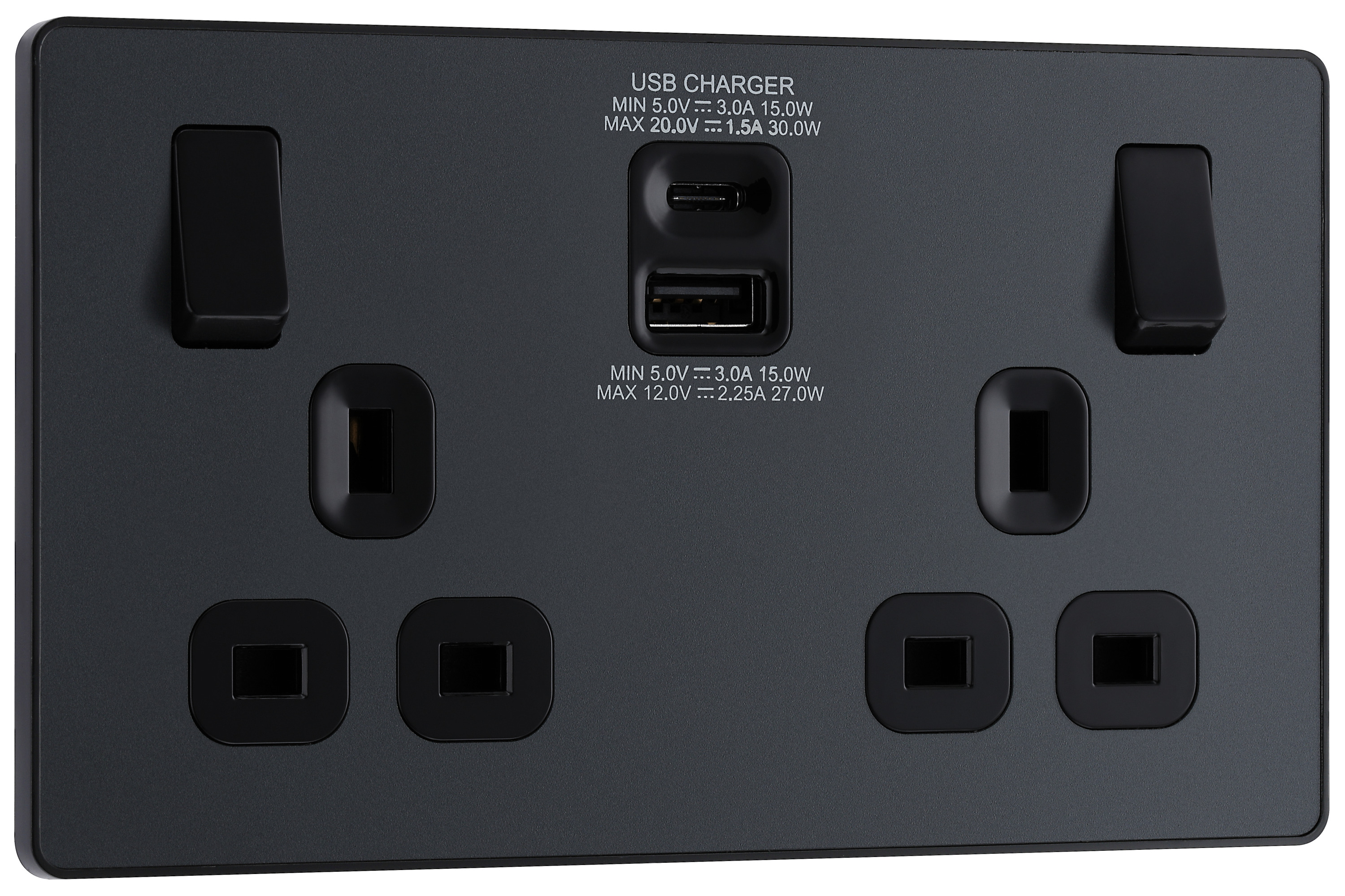 BG Evolve Matt Grey 13A Double Socket & USB C