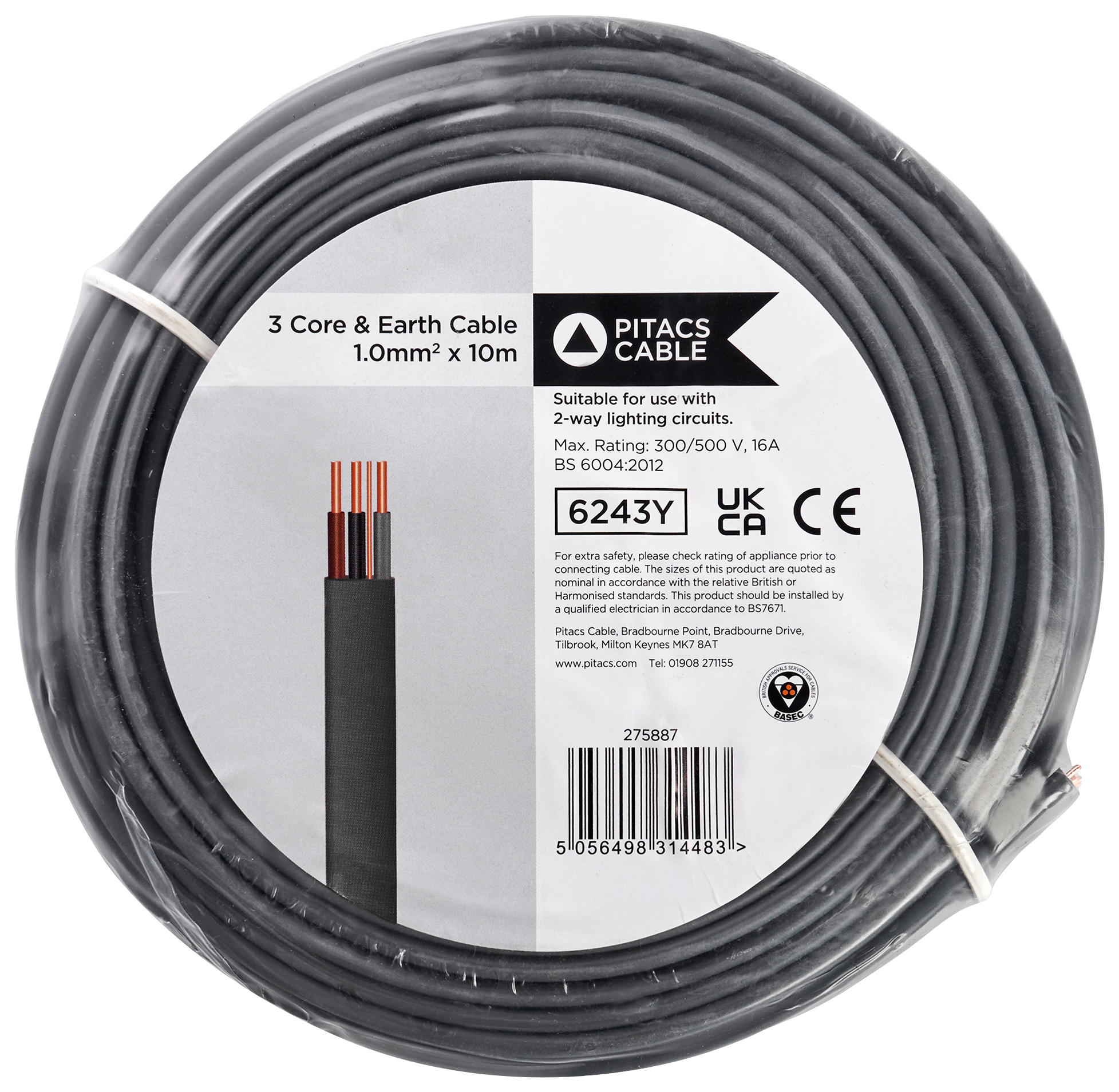 3 Core 6243Y Grey Earth Cable - 1mm2 - 10m