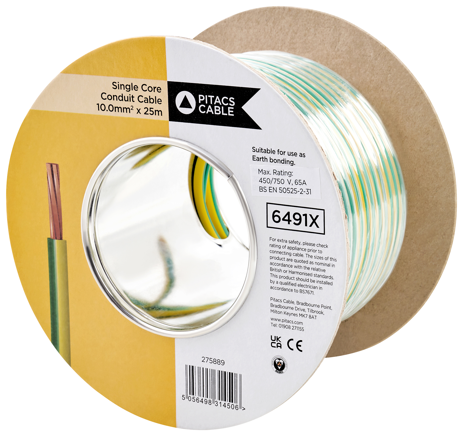 Image of Single Core 6491X Green & Yellow Conduit Cable - 10.0mm² - 25m