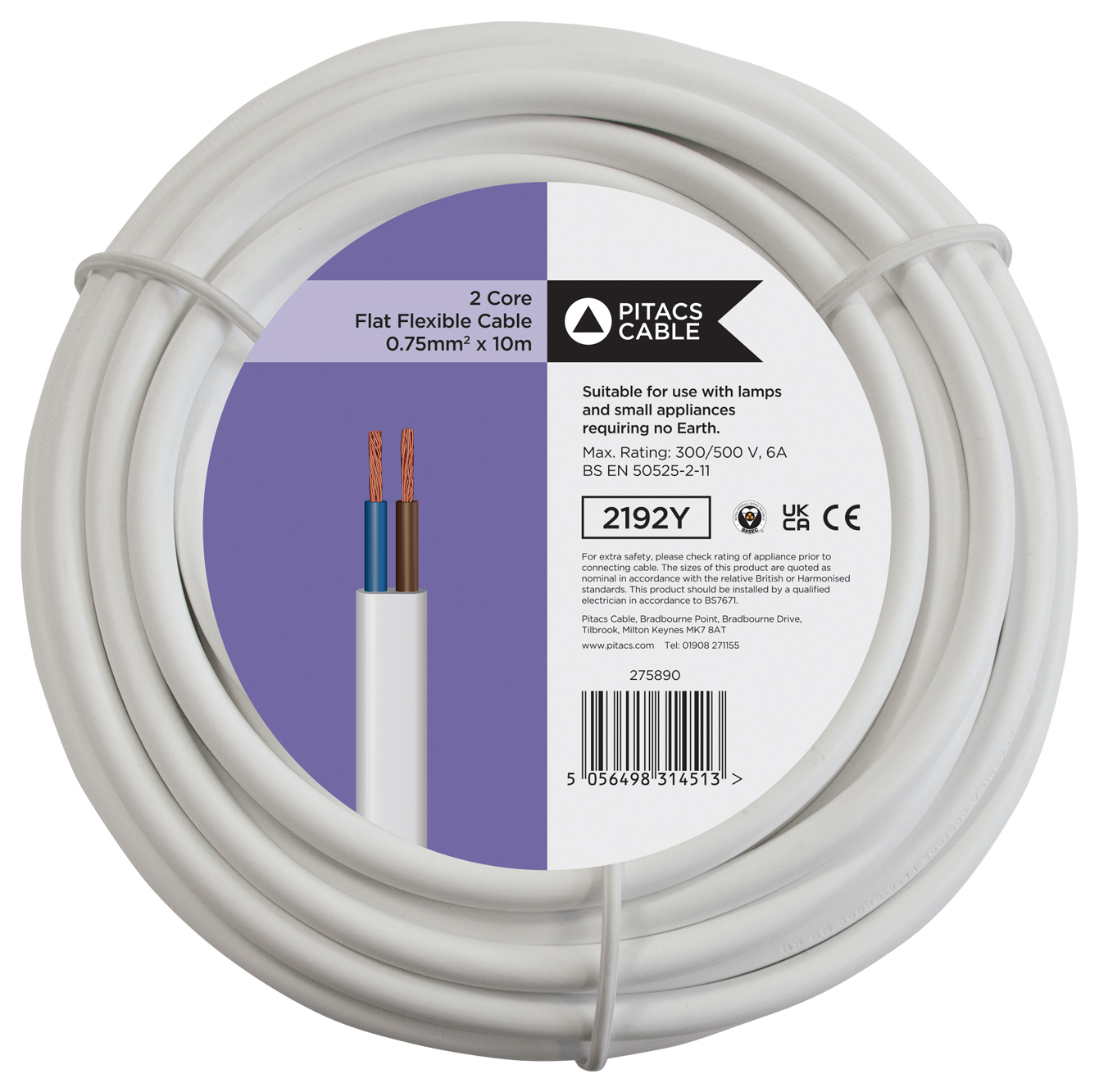 Pitacs 2 Core 2192Y White Flat Flexible Cable - 0.75mm² - 10m