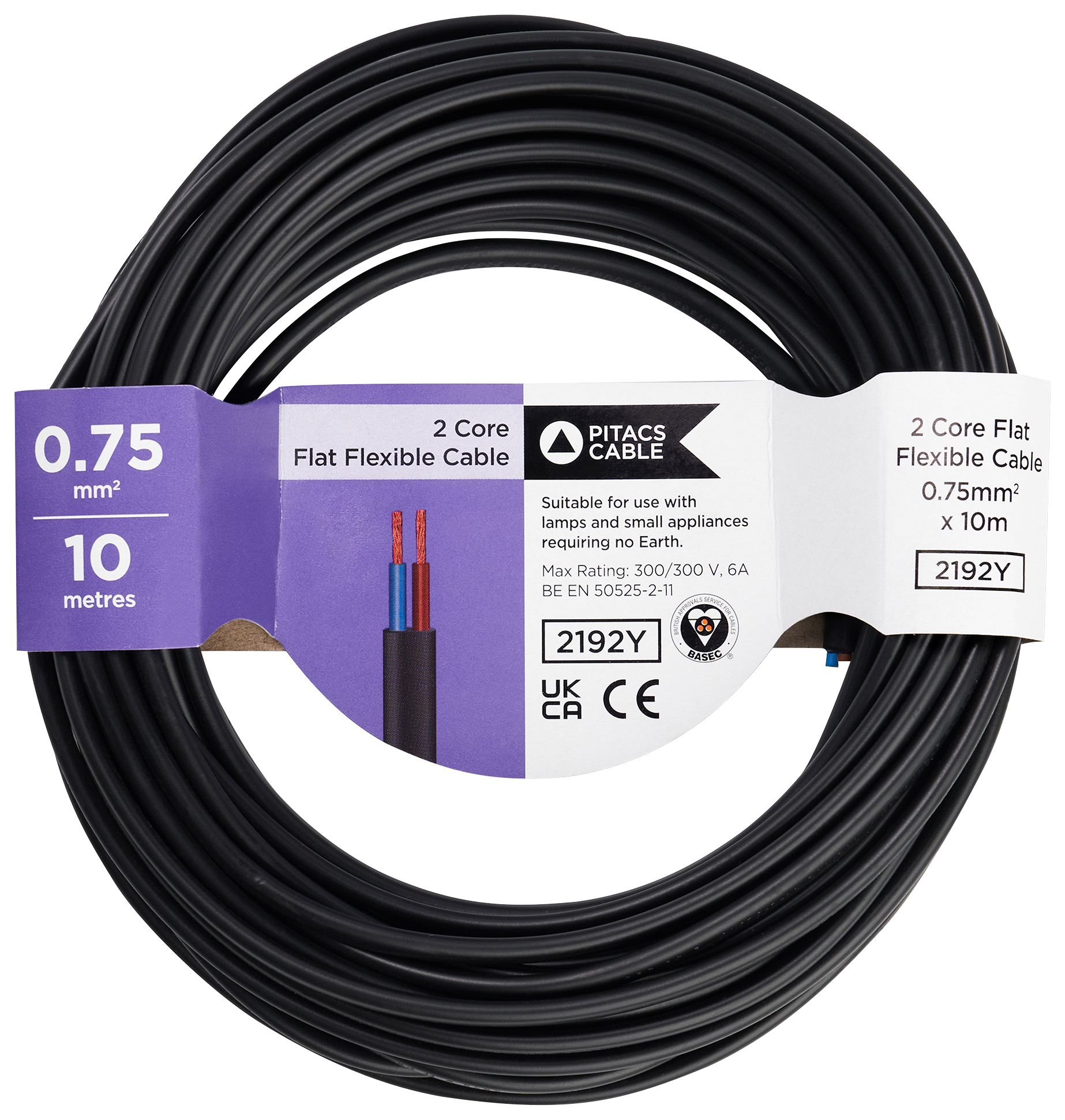 2 Core 2192Y Black Flat Flexible Cable - 0.75mm2 - 10m