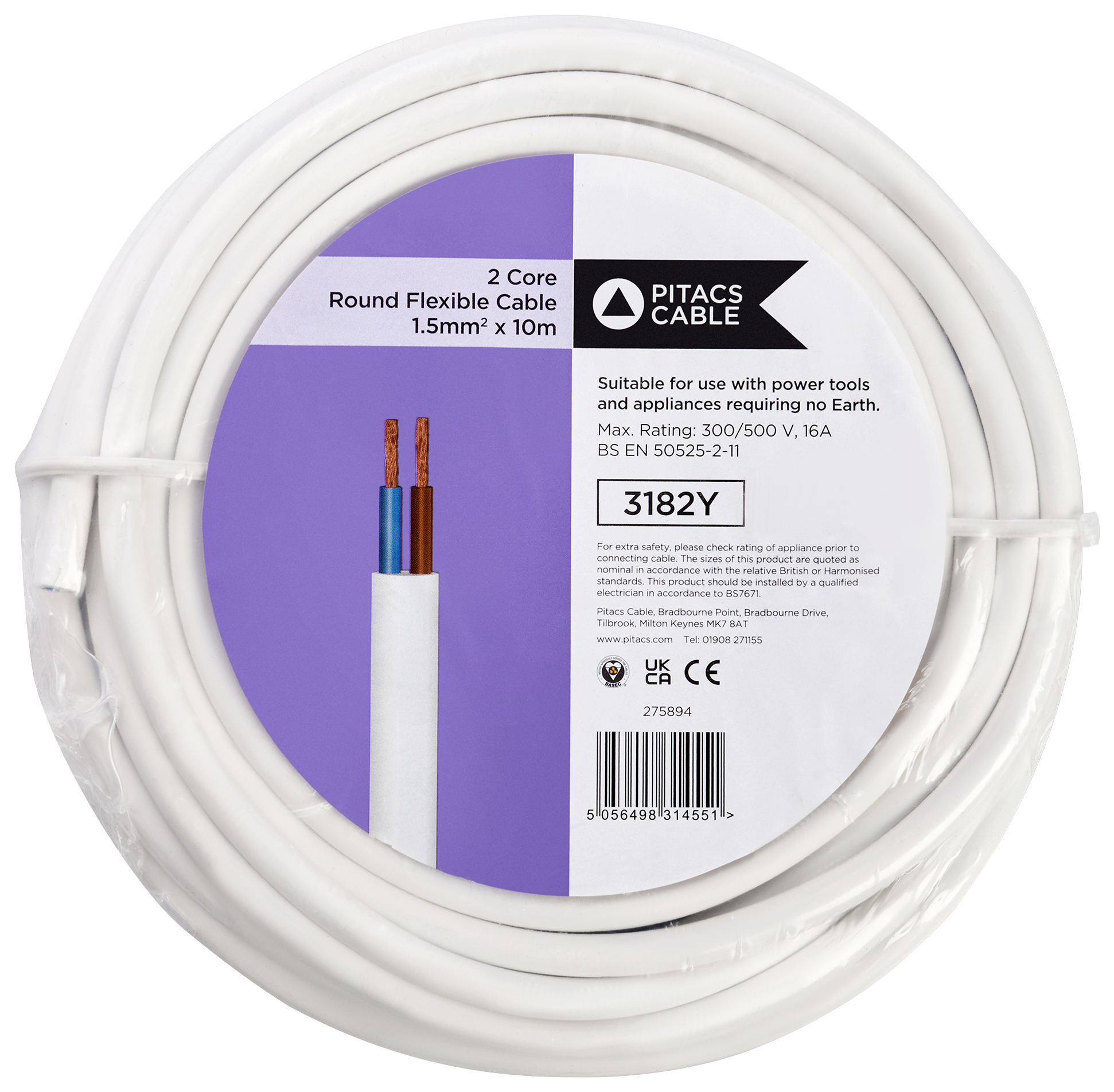 Image of 2 Core 3182Y White Round Flexible Cable - 1.5mm² - 10m
