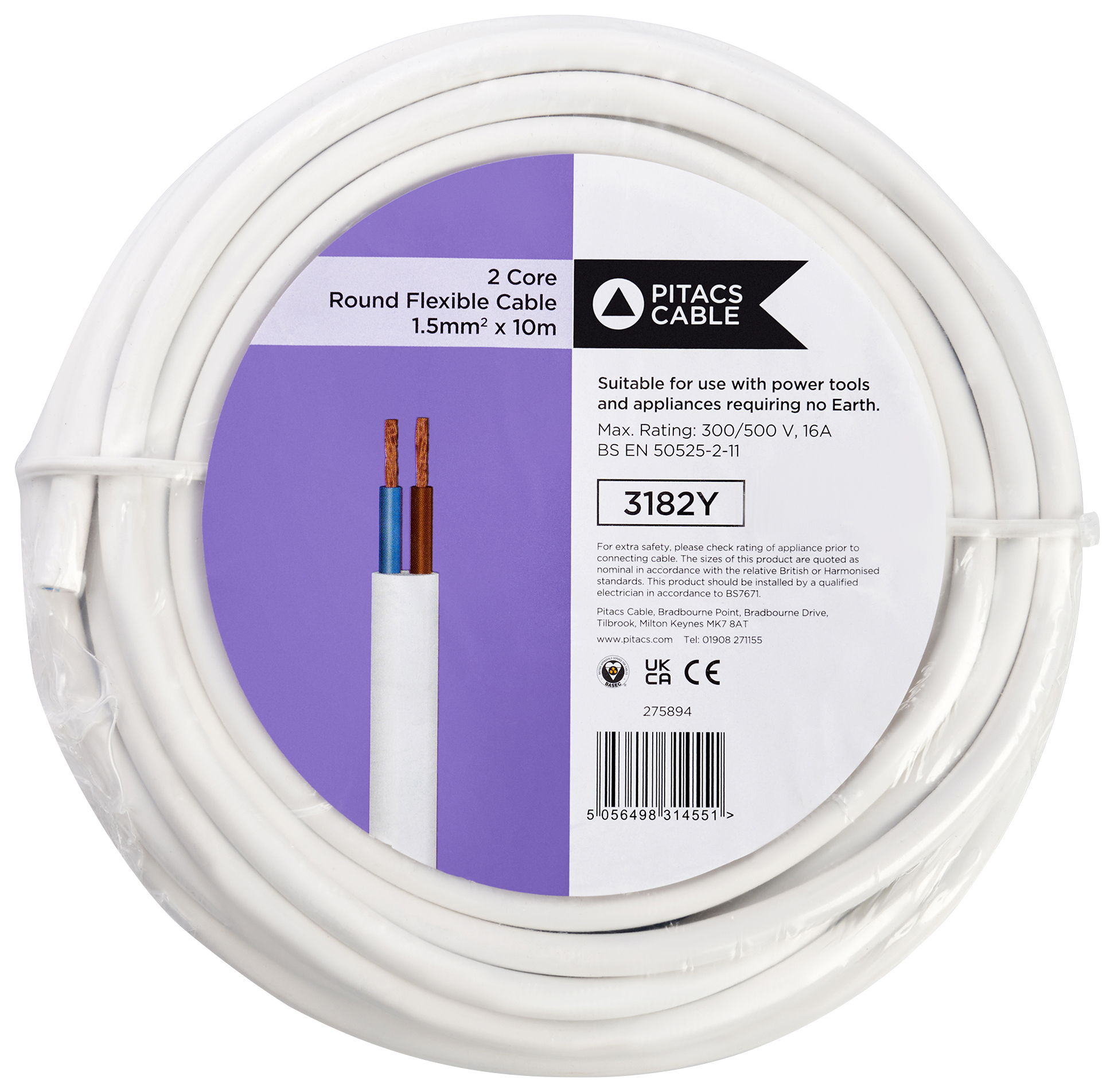 2 Core 3182Y White Round Flexible Cable - 1.5mm2 - 10m