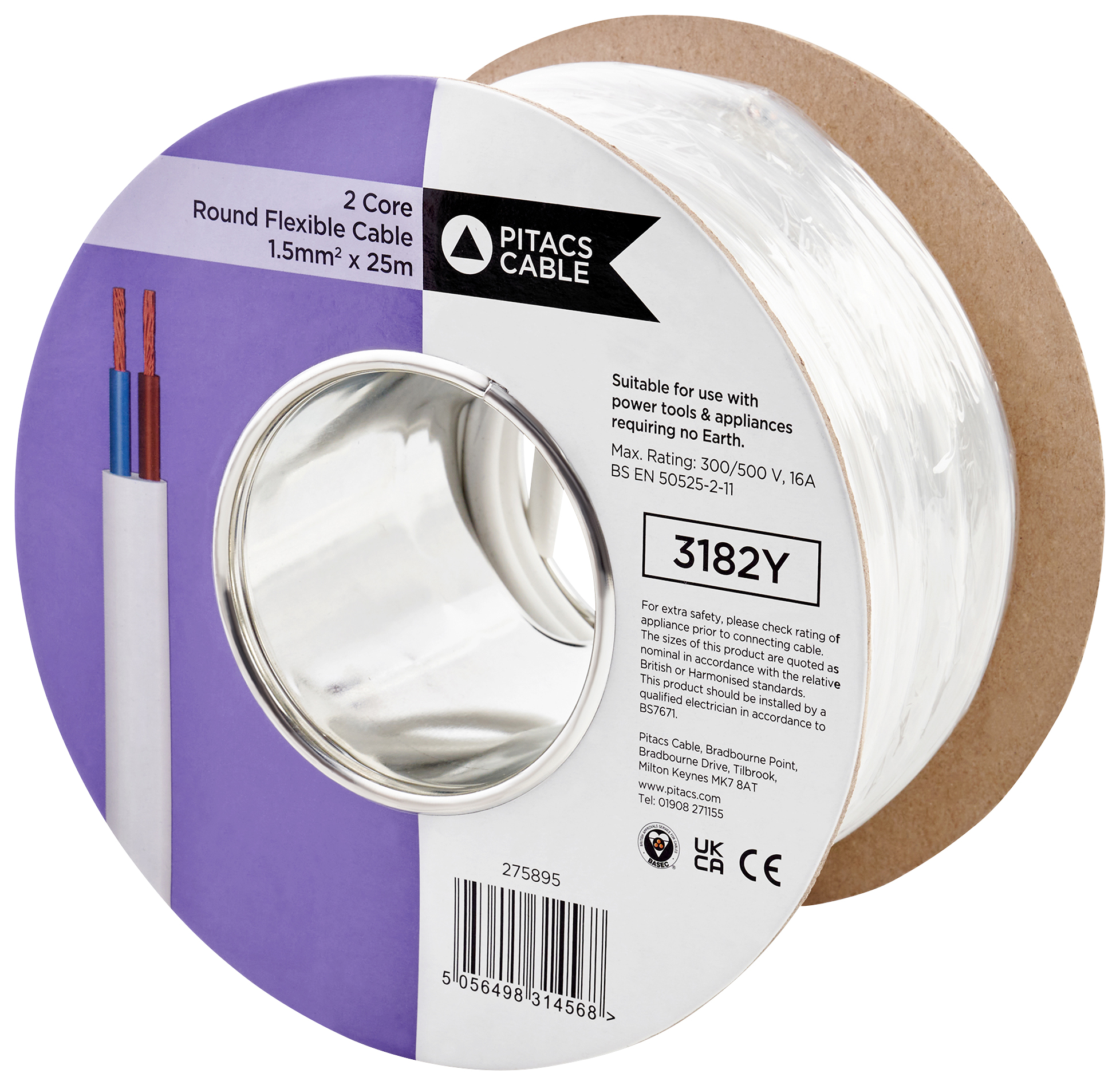 Pitacs 2 Core 3182Y White Round Flexible Cable - 1.5mm² - 25m