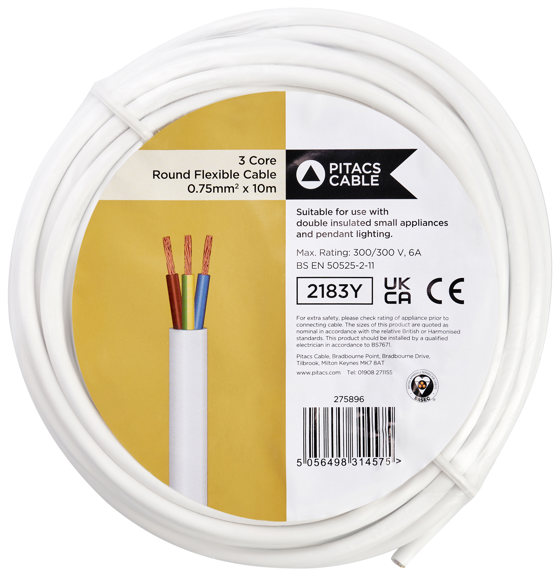 Pitacs 3 Core 2183Y White Round Flexible Cable - 0.75mm² - 10m