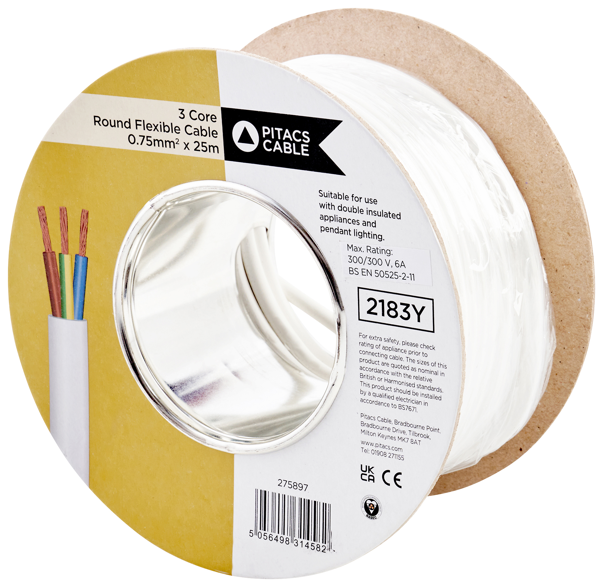 3 Core 2183Y White Round Flexible Cable - 0.75mm2 - 25m