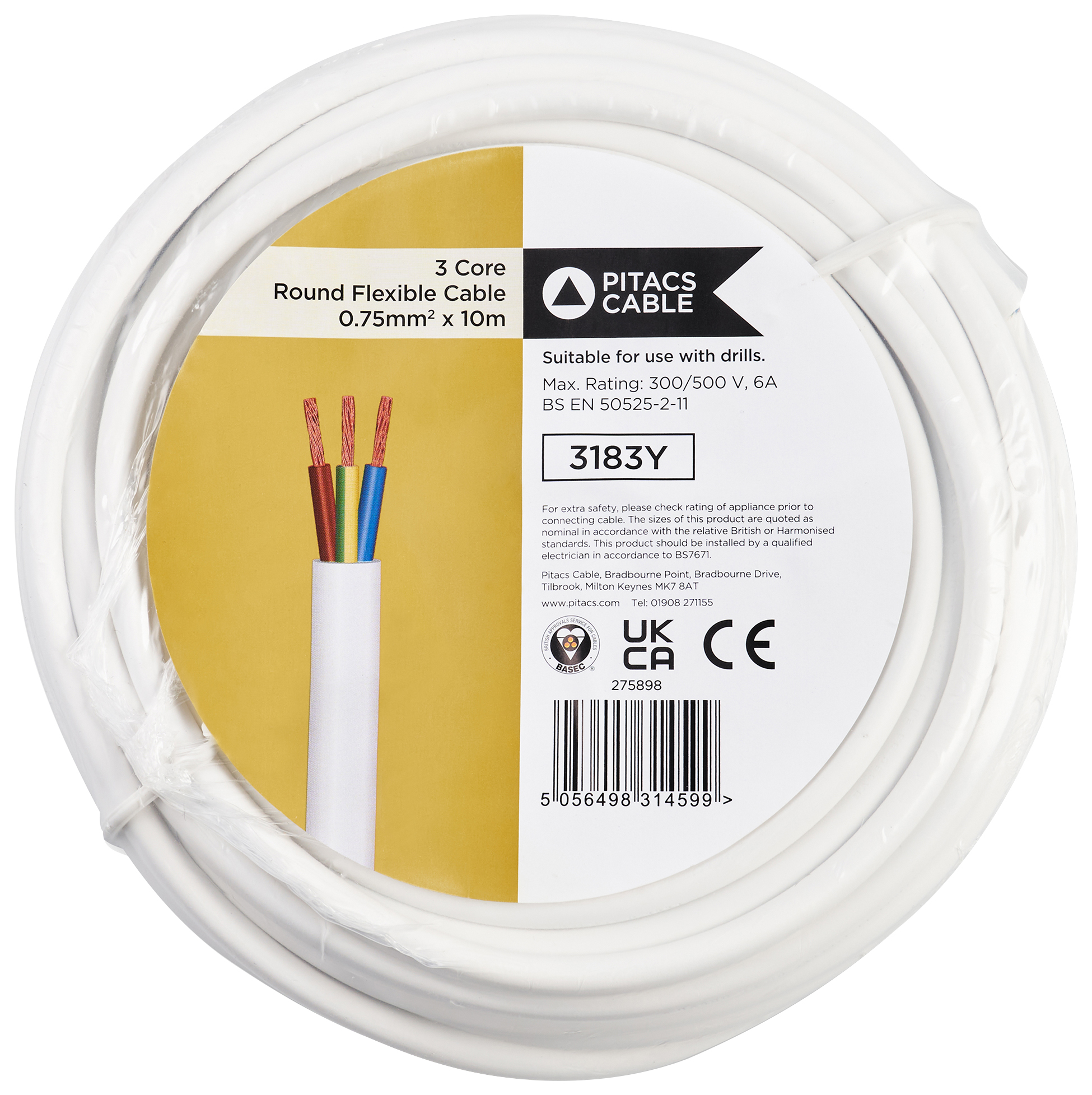 Pitacs 3 Core 3183Y White Round Flexible Cable - 0.75mm² - 10m