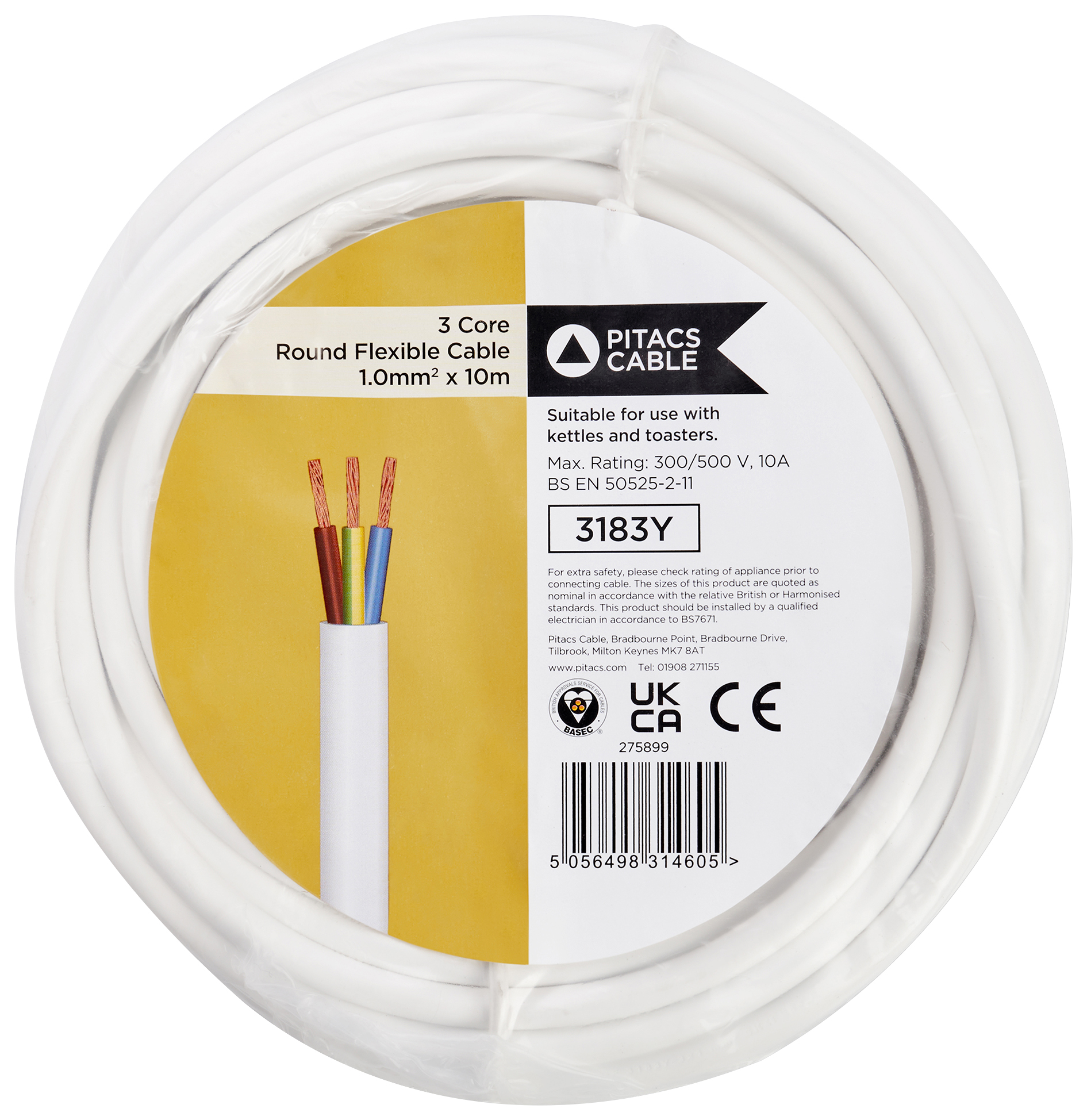 3 Core 3183Y White Round Flexible Cable - 1mm2 - 10m