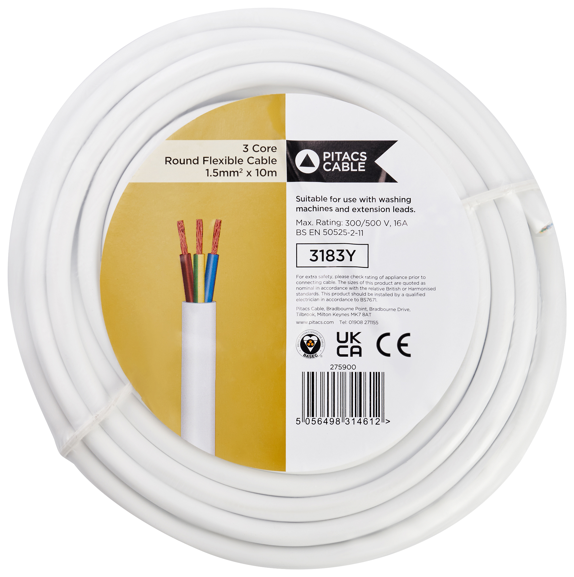 Image of 3 Core 3183Y White Round Flexible Cable - 1.5mm² - 10m