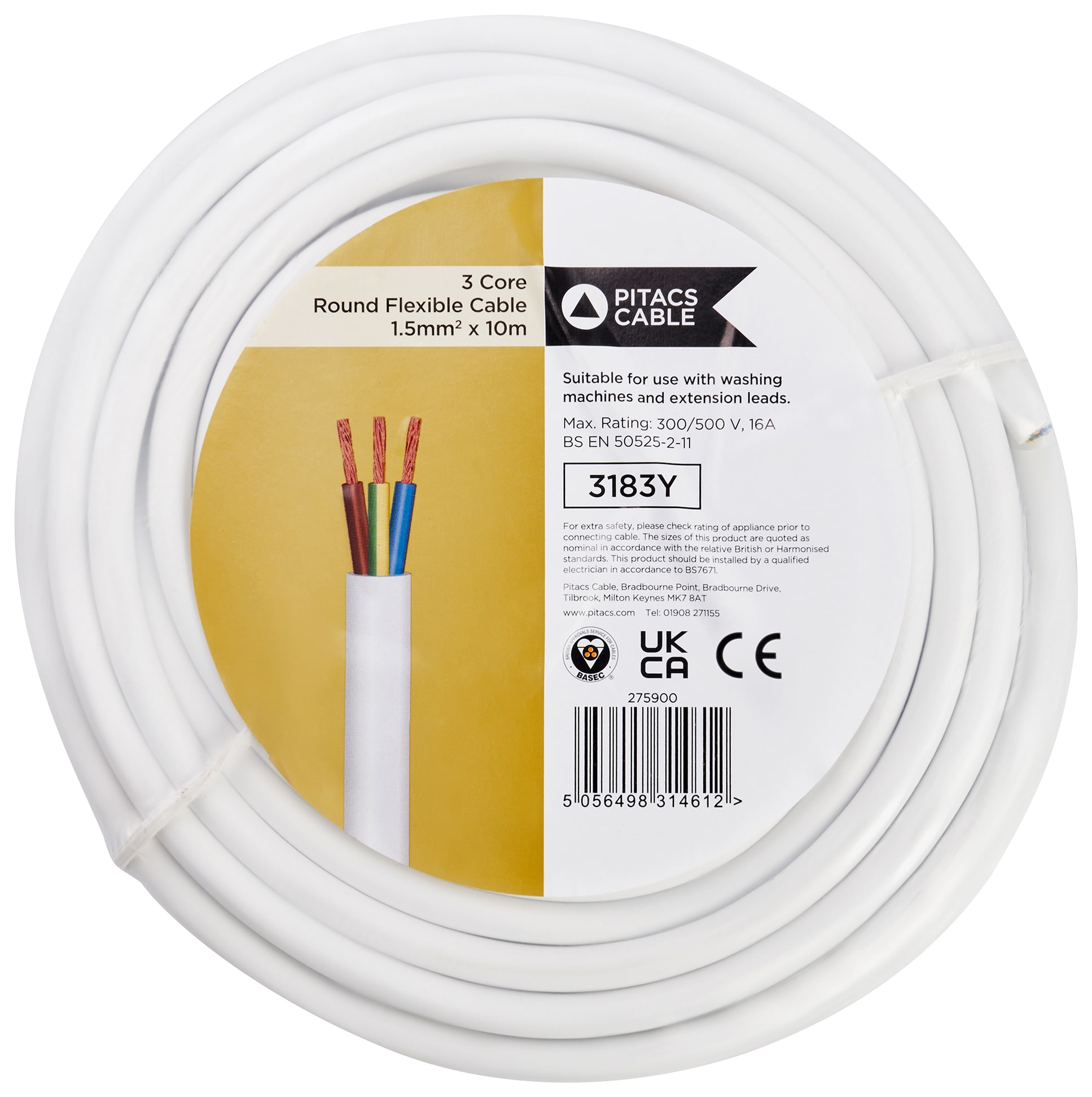 3 Core 3183Y White Round Flexible Cable -