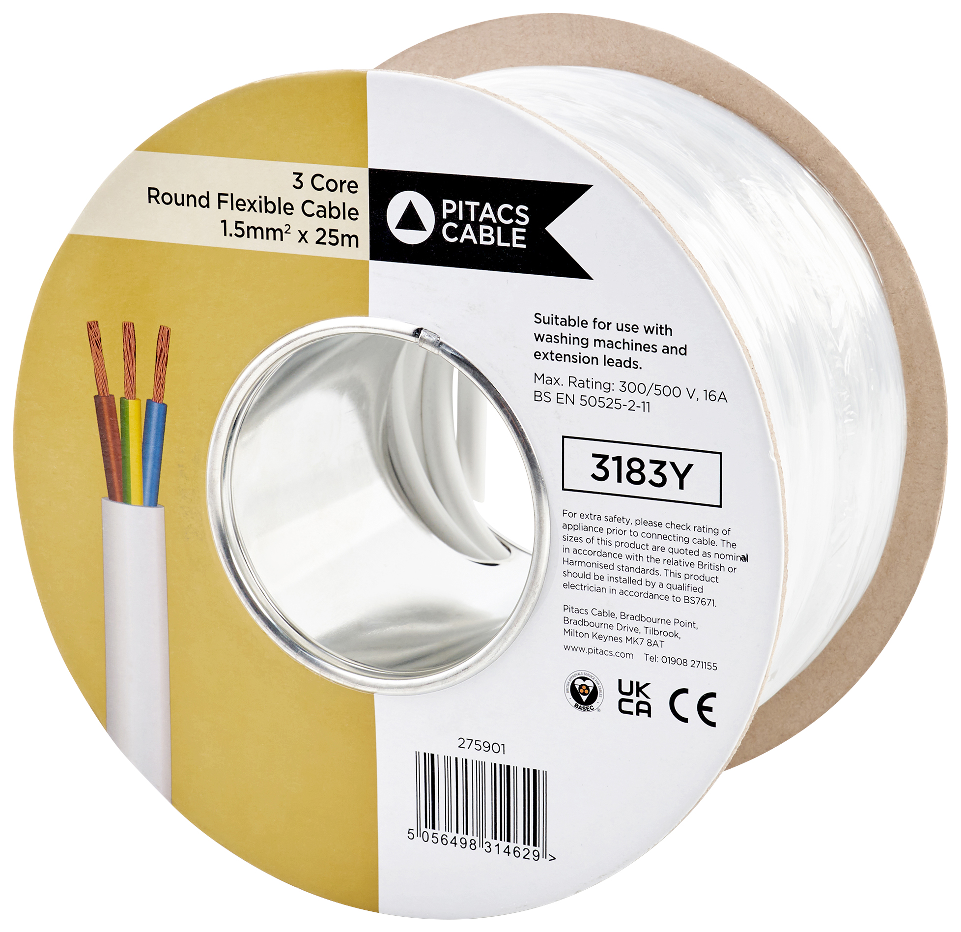 Pitacs 3 Core 3183Y White Round Flexible Cable - 1.5mm² - 25m