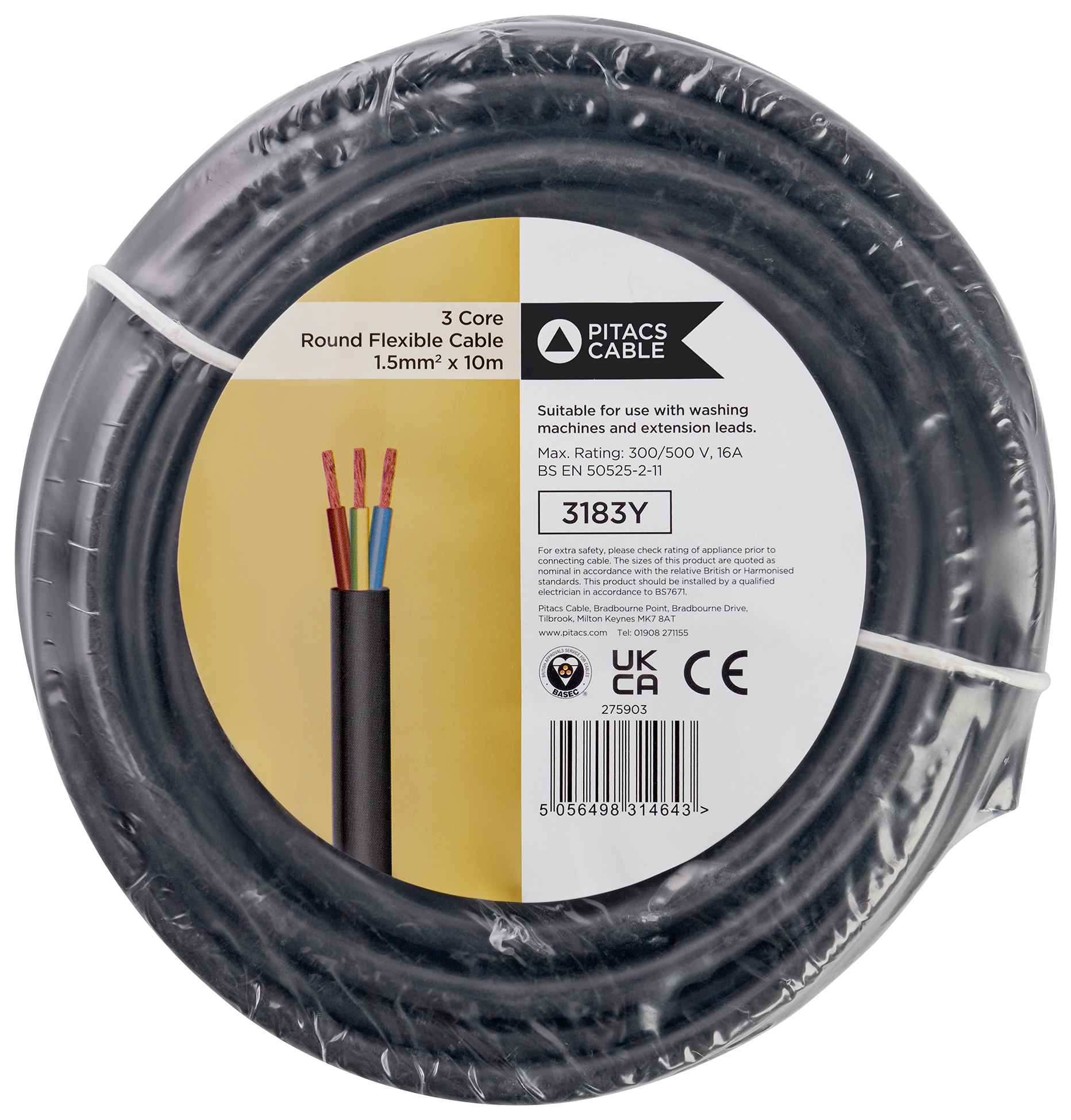 3 Core 3183Y Black Round Flexible Cable - 1.5mm2 - 10m