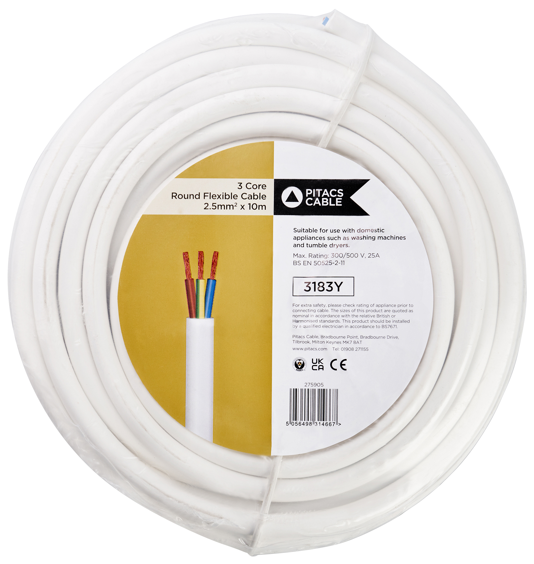 3 Core 3183Y White Round Flexible Cable - 2.5mm2 - 10m