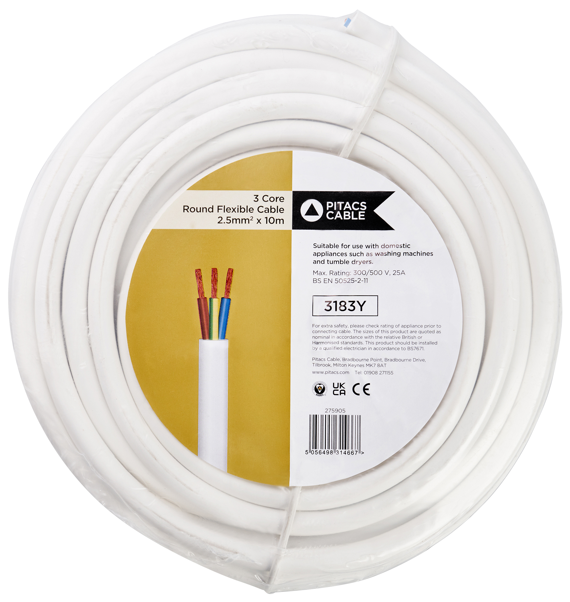 Pitacs 3 Core 3183Y White Round Flexible Cable - 2.5mm² - 10m