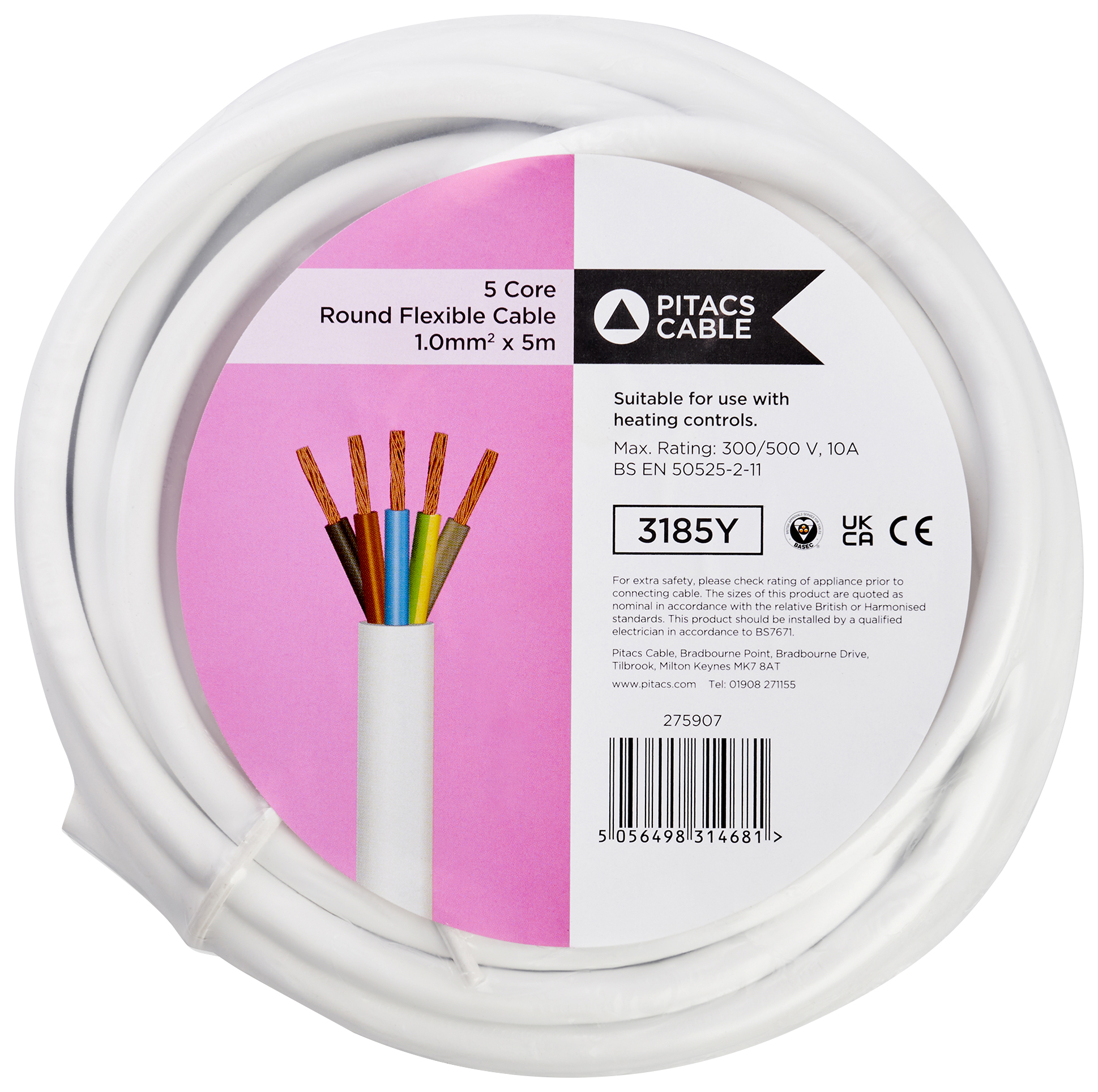 Image of 5 Core 3185Y White Round Flexible Cable - 1.0 mm² - 5m